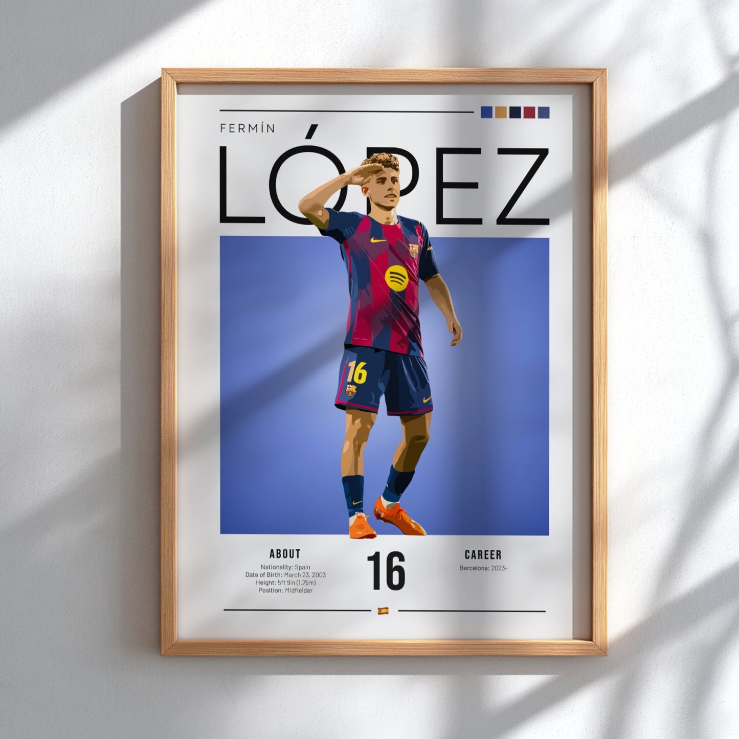 Fermín López art print featuring vibrant colors and dynamic pose in Barcelona kit, perfect for sports