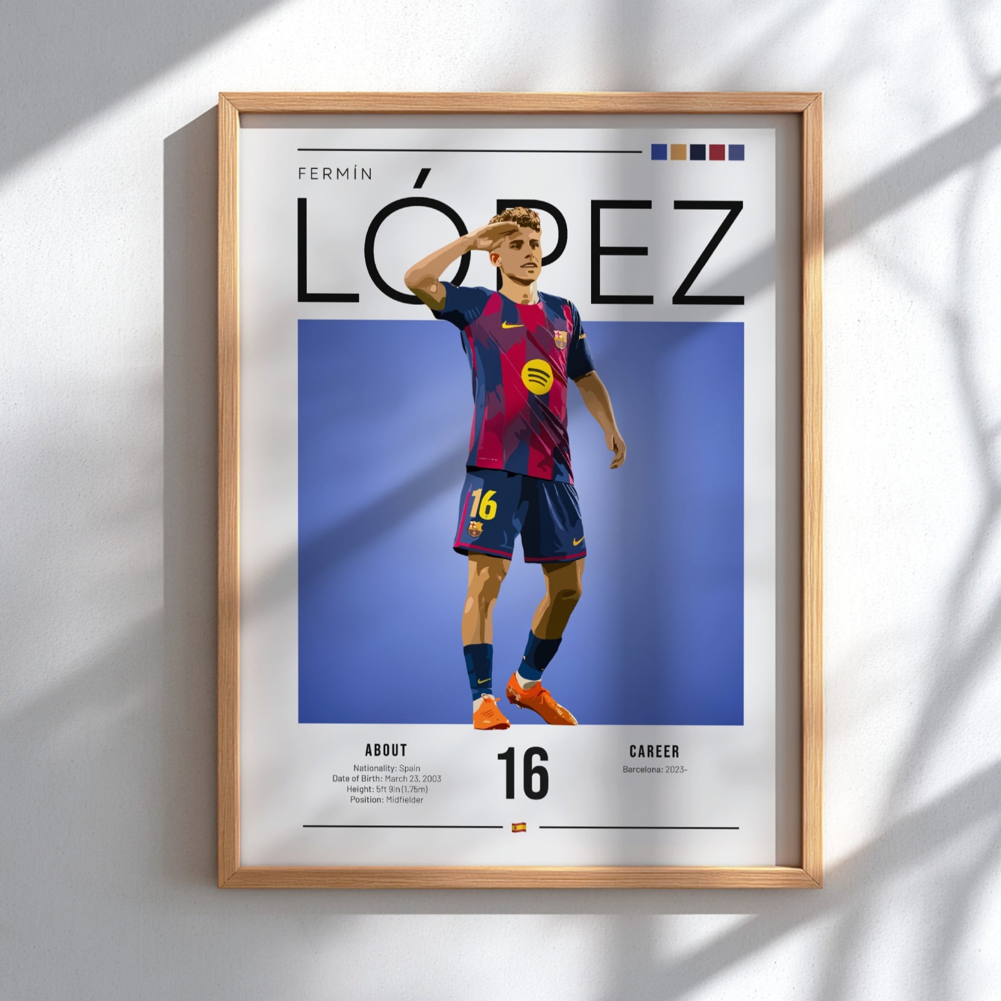 Fermín López art print featuring vibrant colors and dynamic pose in Barcelona kit, perfect for sports