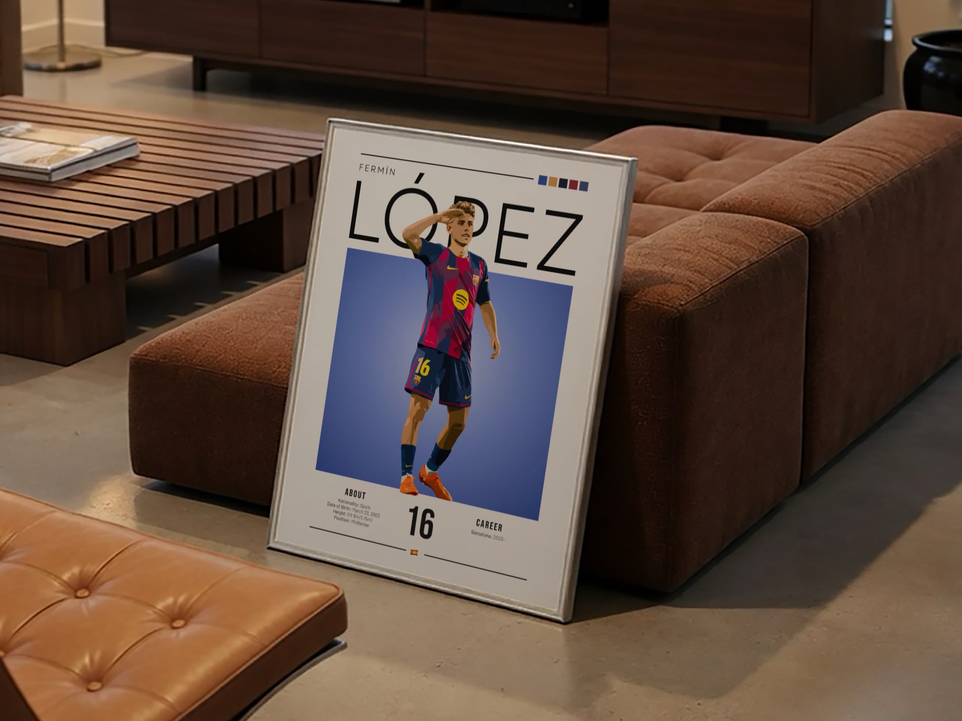 Fermín López art print featuring vibrant colors and dynamic pose in Barcelona kit, perfect for sports