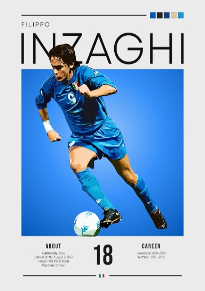 Filippo Inzaghi poster showcasing vibrant blue colors and dynamic football action, celebrating an Italian