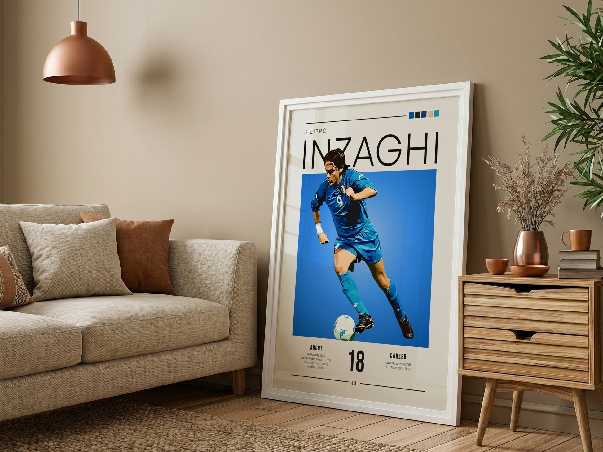 Filippo Inzaghi poster showcasing vibrant blue colors and dynamic football action, celebrating an Italian
