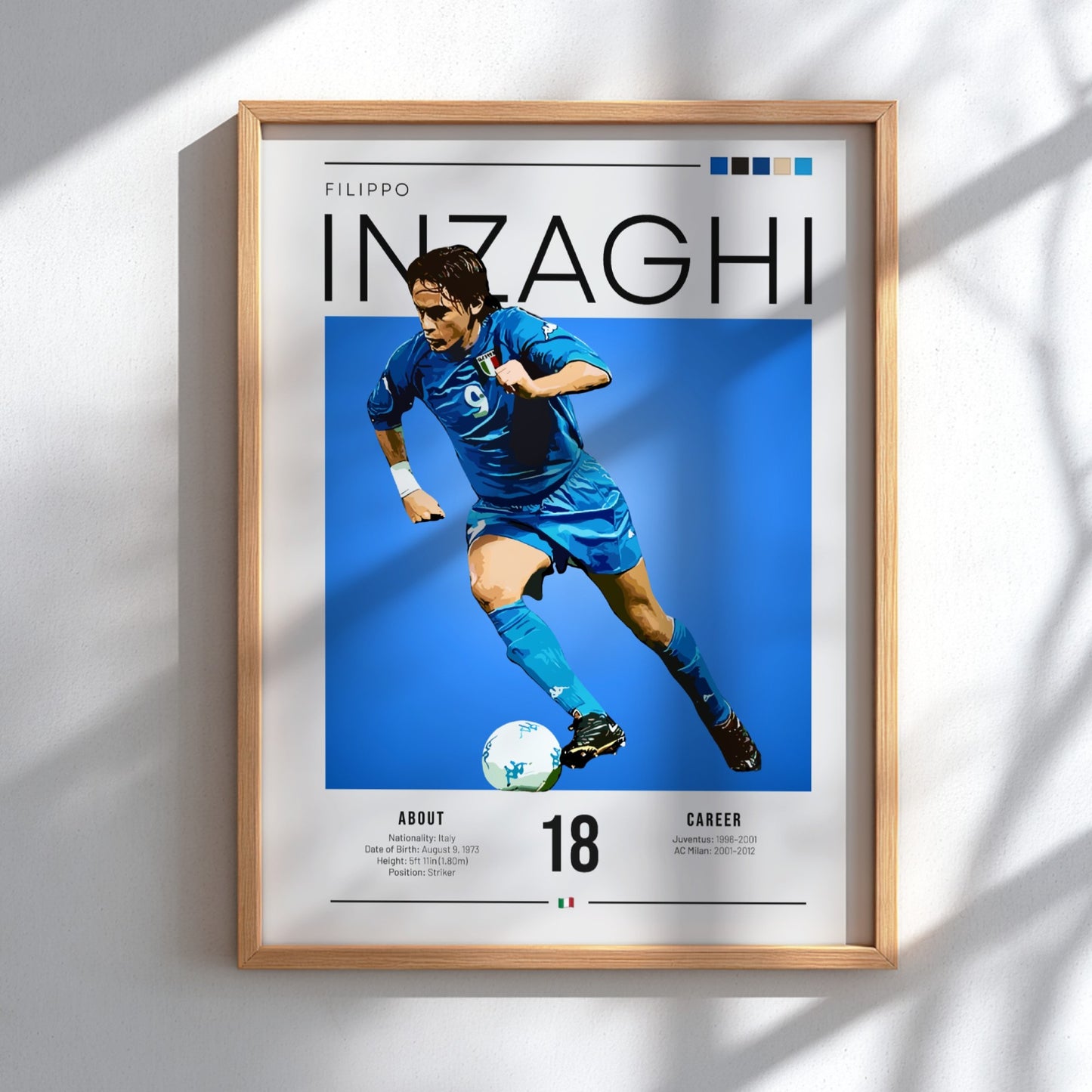 Filippo Inzaghi poster showcasing vibrant blue colors and dynamic football action, celebrating an Italian