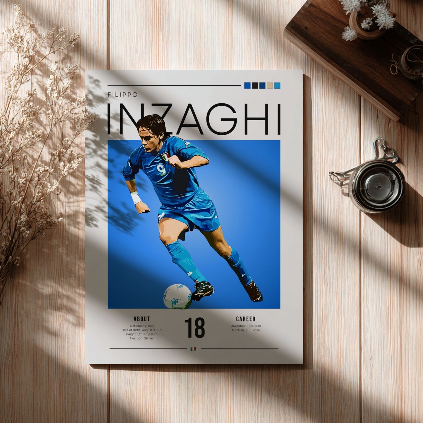 Filippo Inzaghi poster showcasing vibrant blue colors and dynamic football action, celebrating an Italian