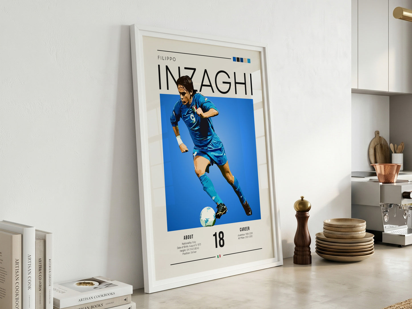 Filippo Inzaghi poster showcasing vibrant blue colors and dynamic football action, celebrating an Italian