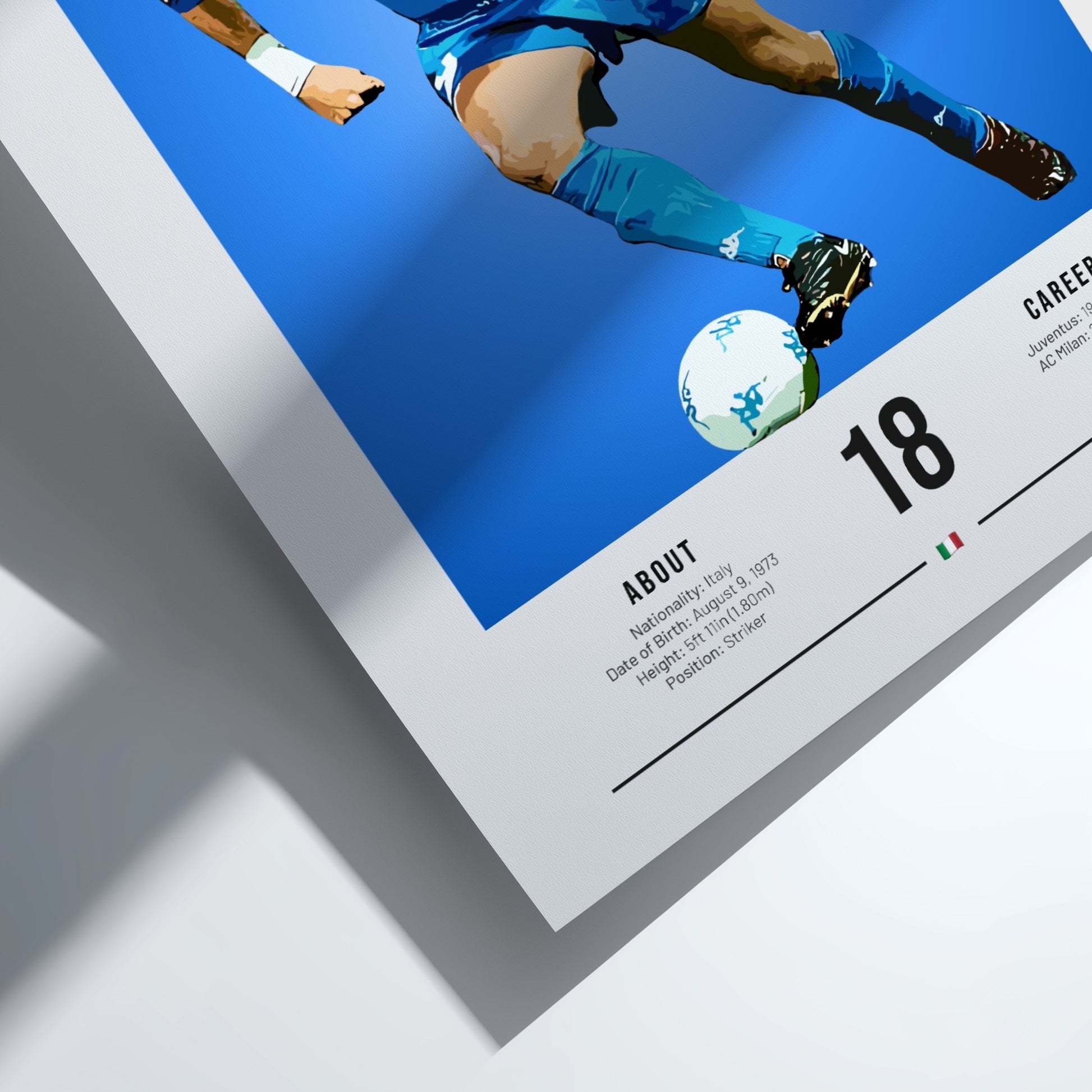 Filippo Inzaghi poster showcasing vibrant blue colors and dynamic football action, celebrating an Italian
