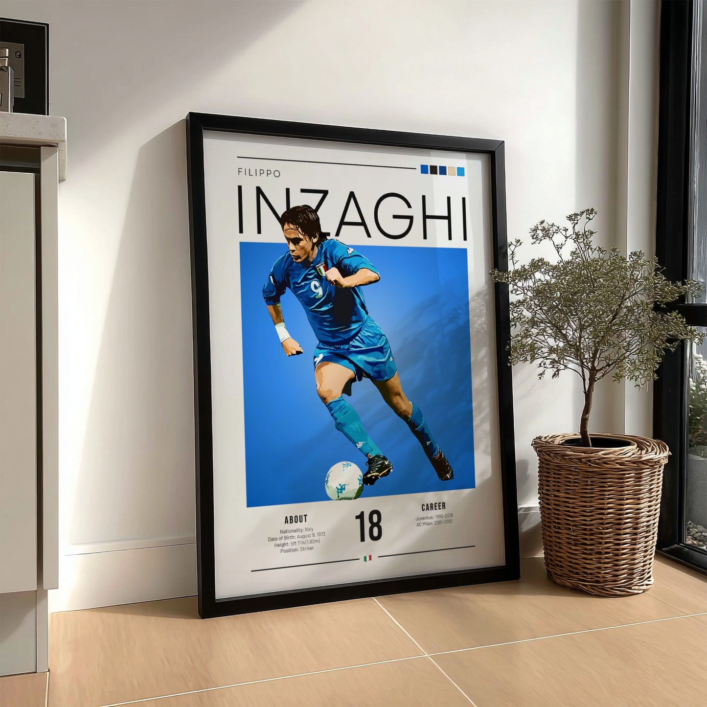 Filippo Inzaghi poster showcasing vibrant blue colors and dynamic football action, celebrating an Italian