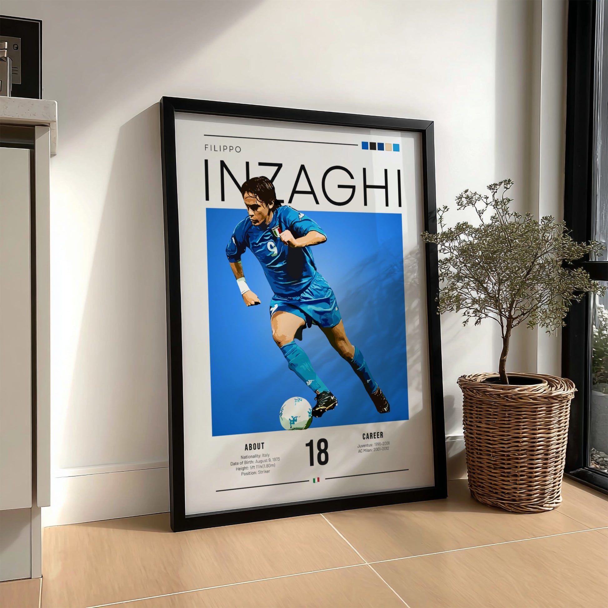 Filippo Inzaghi poster showcasing vibrant blue colors and dynamic football action, celebrating an Italian