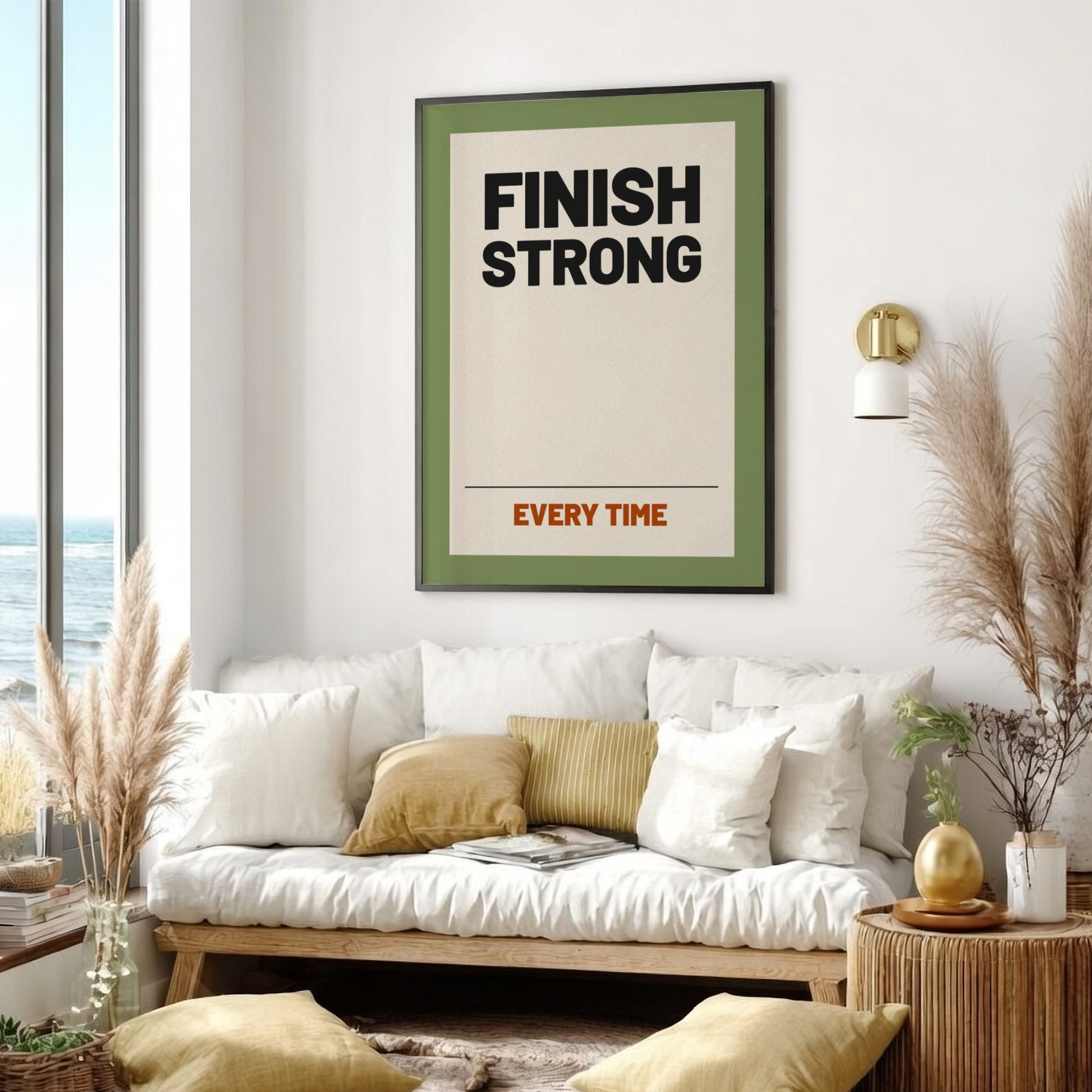 Motivational quotes poster featuring 'Finish Strong' in bold typography with a green and neutral color palette