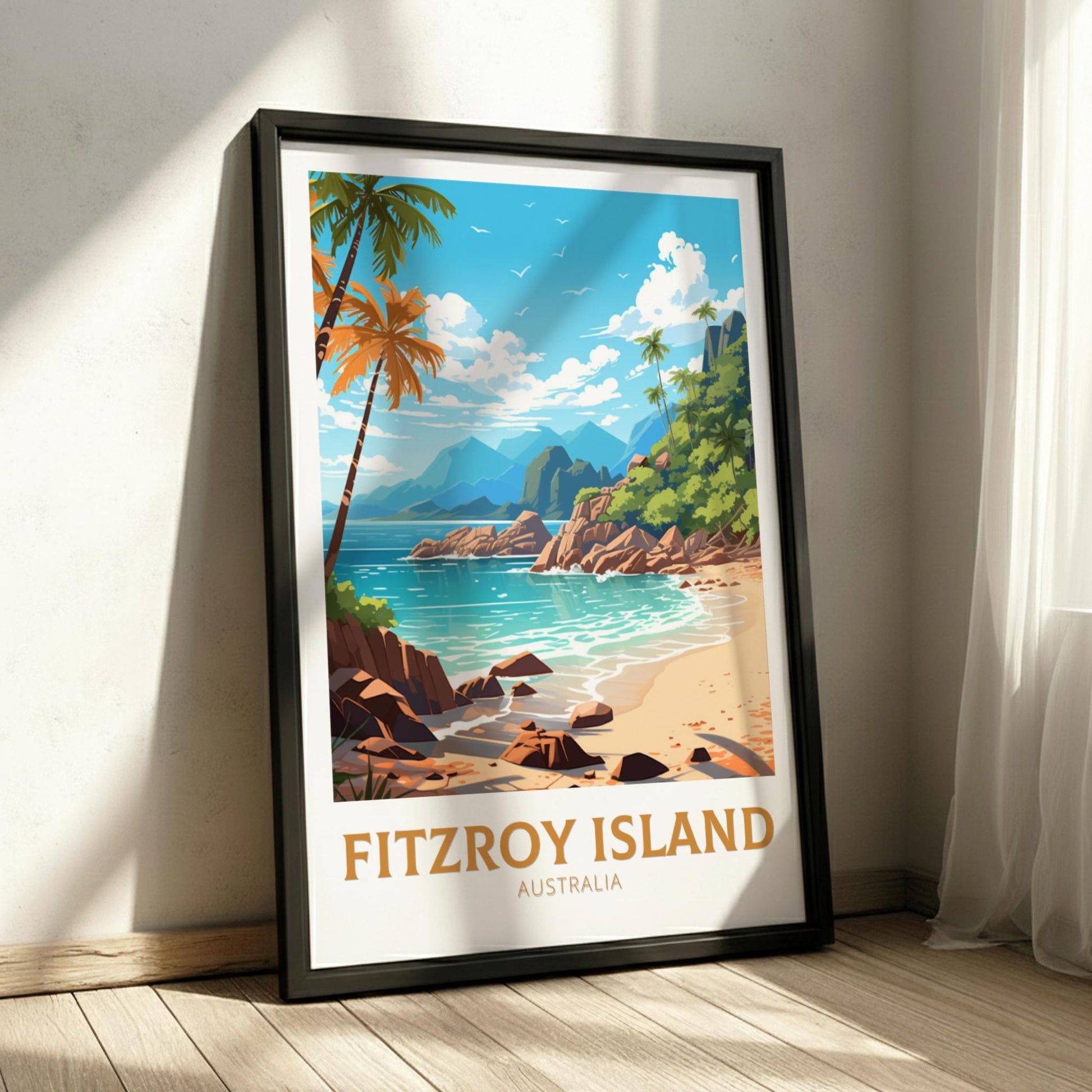 Framed artwork of Fitzroy Island, Australia on a wall.