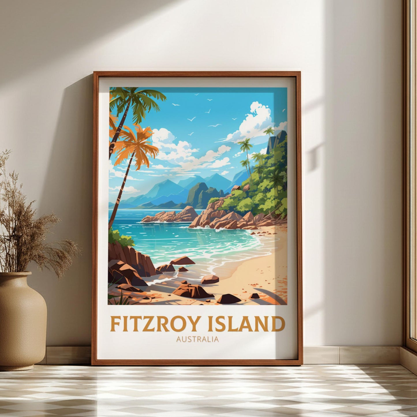 Framed artwork of Fitzroy Island, Australia with a beach and palm trees.