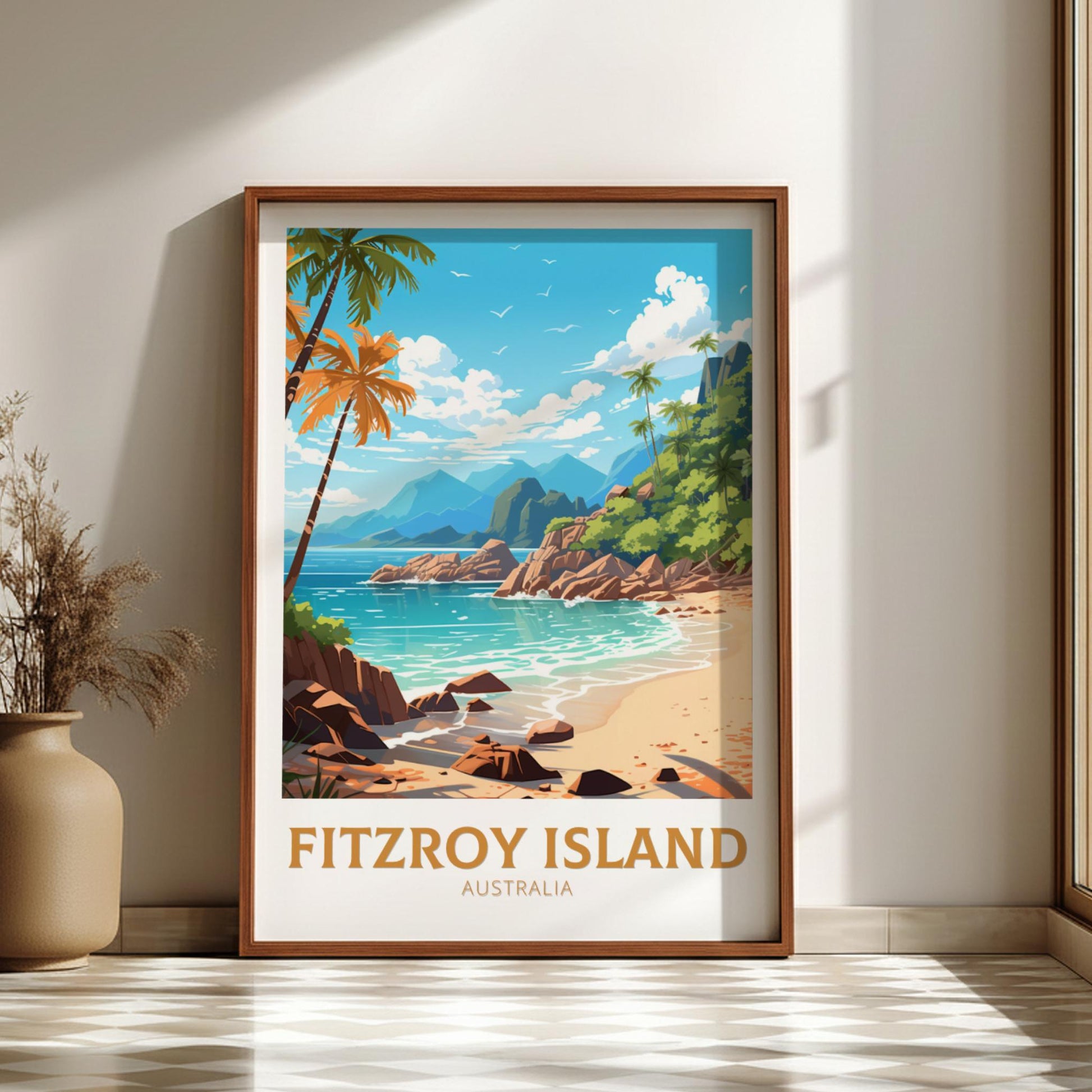 Framed artwork of Fitzroy Island, Australia with a beach and palm trees.
