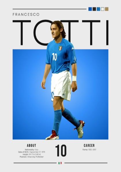 Francesco Totti poster featuring vibrant blue jersey and dynamic pose, celebrating Italian football legend.