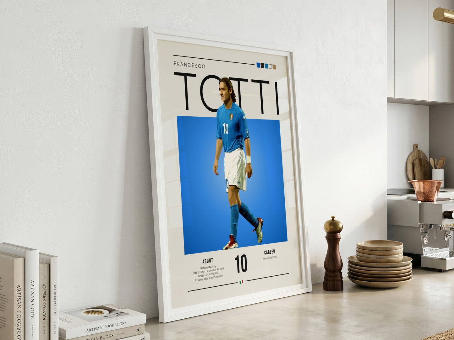 Francesco Totti poster featuring vibrant blue jersey and dynamic pose, celebrating Italian football legend.