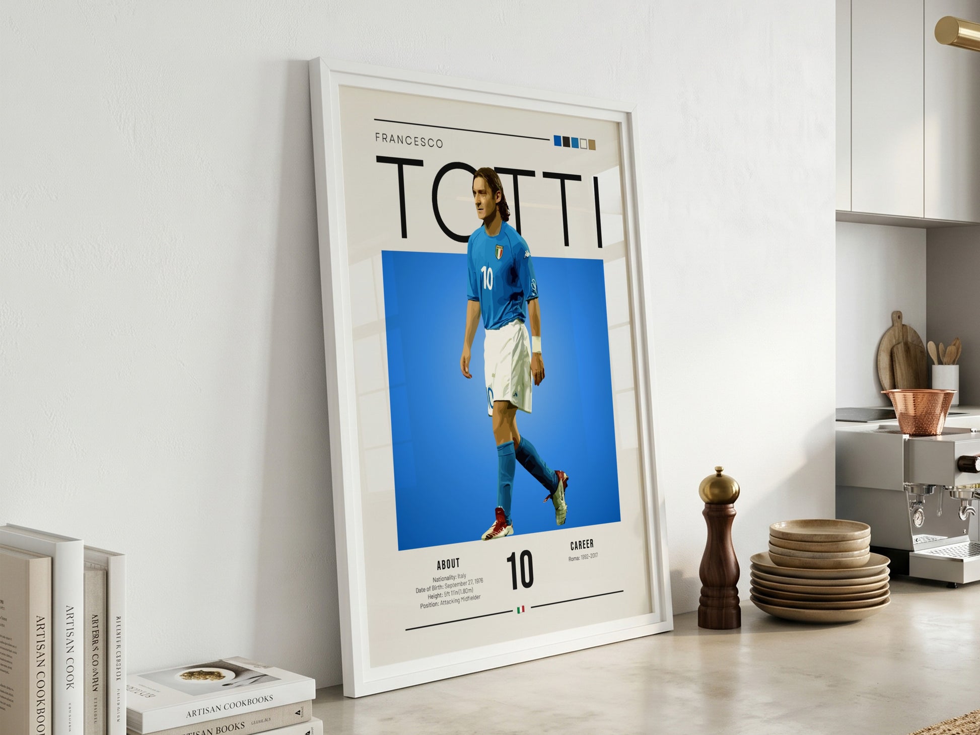 Francesco Totti poster featuring vibrant blue jersey and dynamic pose, celebrating Italian football legend.
