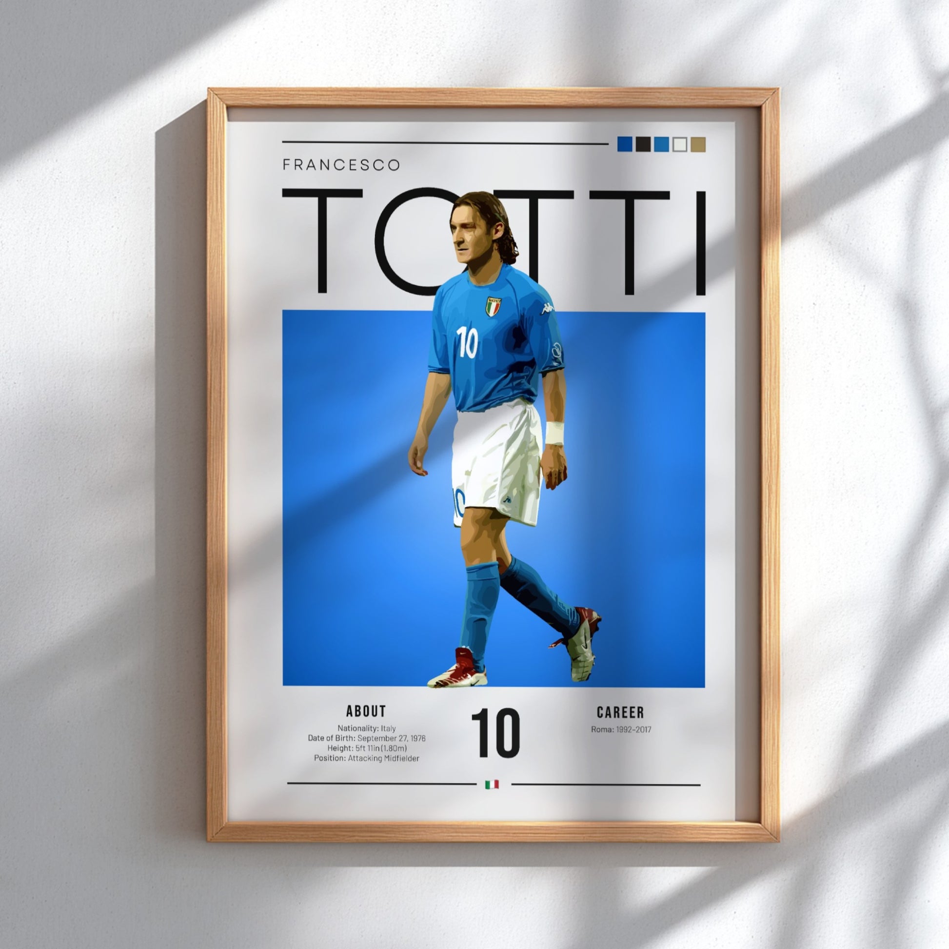 Francesco Totti poster featuring vibrant blue jersey and dynamic pose, celebrating Italian football legend.