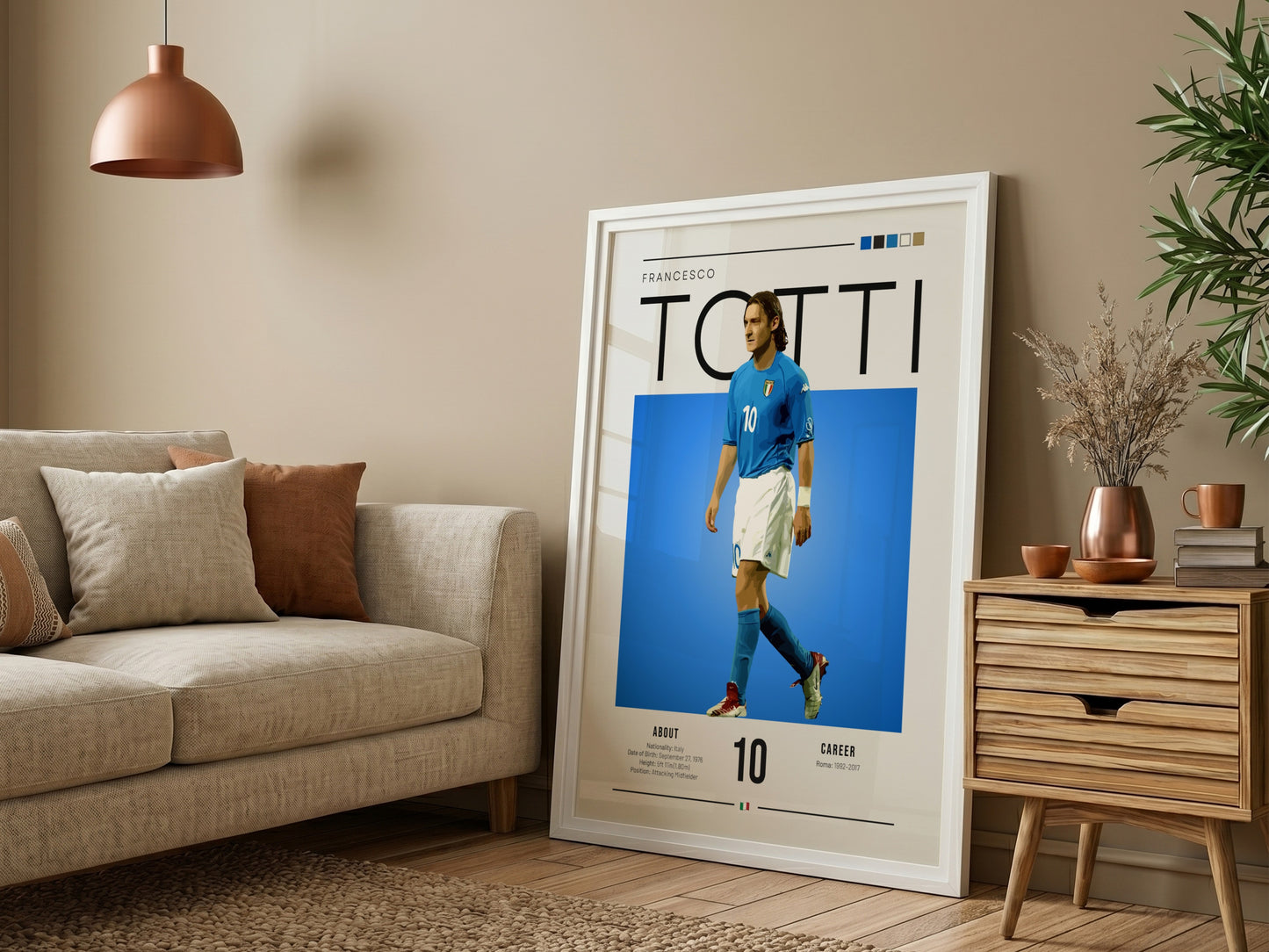 Francesco Totti poster featuring vibrant blue jersey and dynamic pose, celebrating Italian football legend.