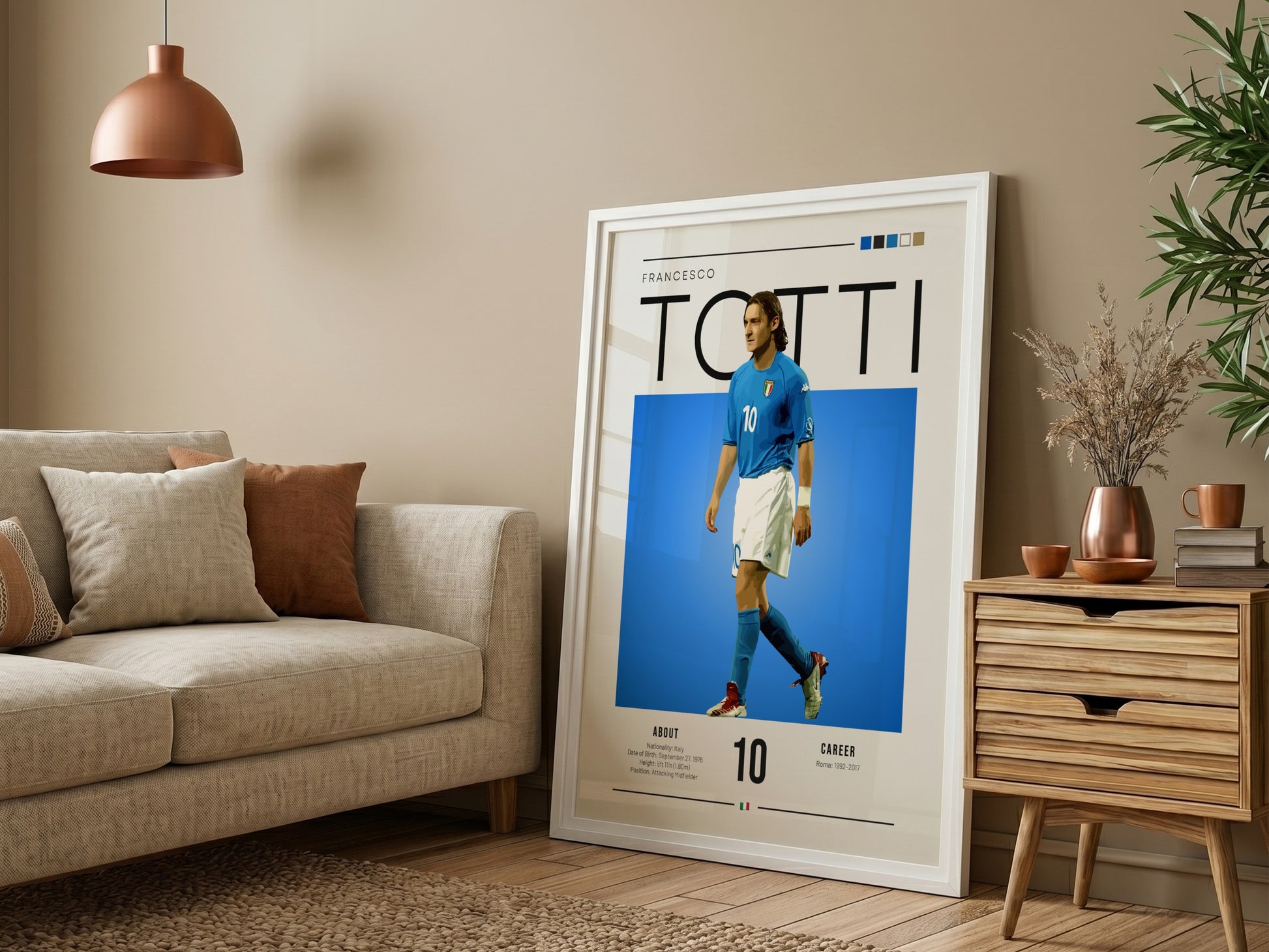 Francesco Totti poster featuring vibrant blue jersey and dynamic pose, celebrating Italian football legend.