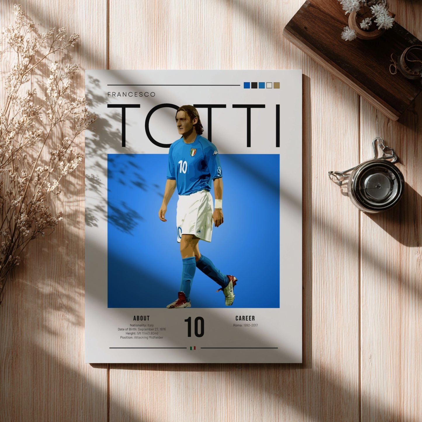 Francesco Totti poster featuring vibrant blue jersey and dynamic pose, celebrating Italian football legend.