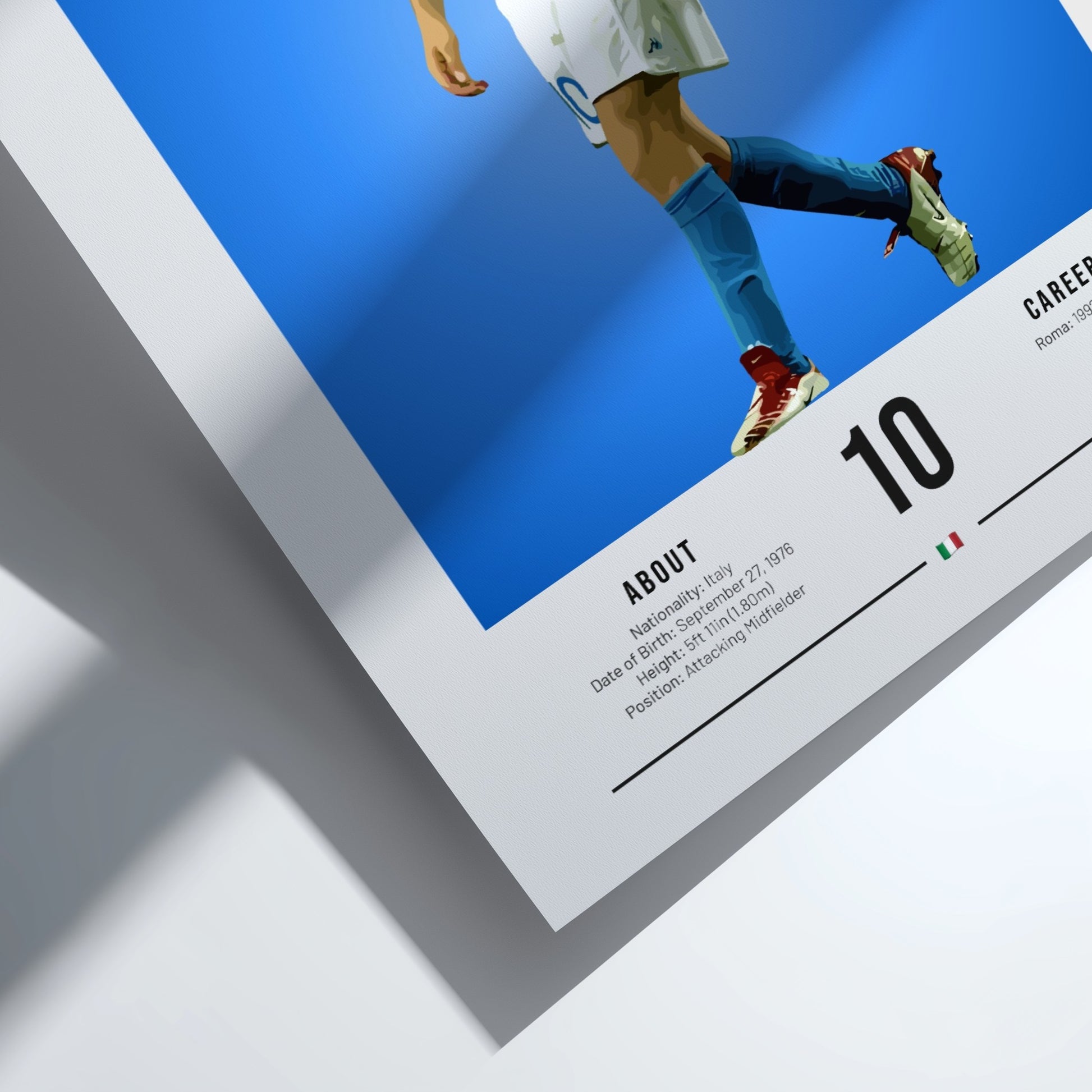 Francesco Totti poster featuring vibrant blue jersey and dynamic pose, celebrating Italian football legend.