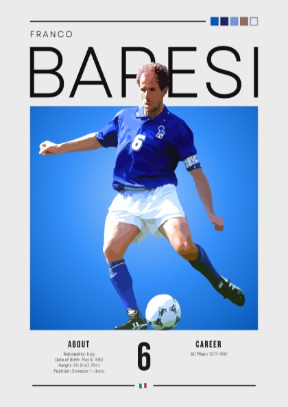 Franco Baresi poster showcasing vibrant colors and dynamic football action, celebrating an Italian football