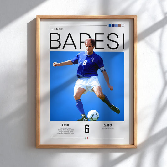 Franco Baresi poster showcasing vibrant colors and dynamic football action, celebrating an Italian football