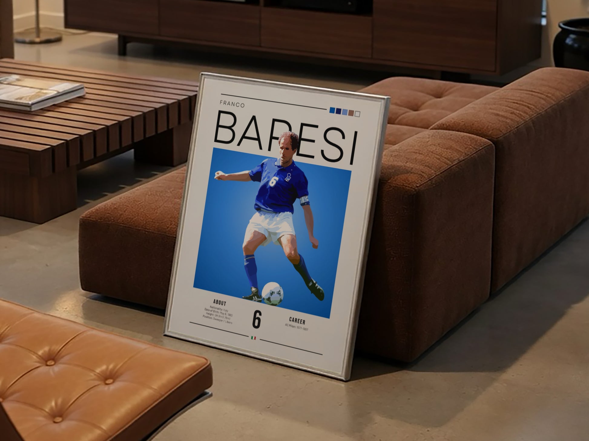 Franco Baresi poster showcasing vibrant colors and dynamic football action, celebrating an Italian football