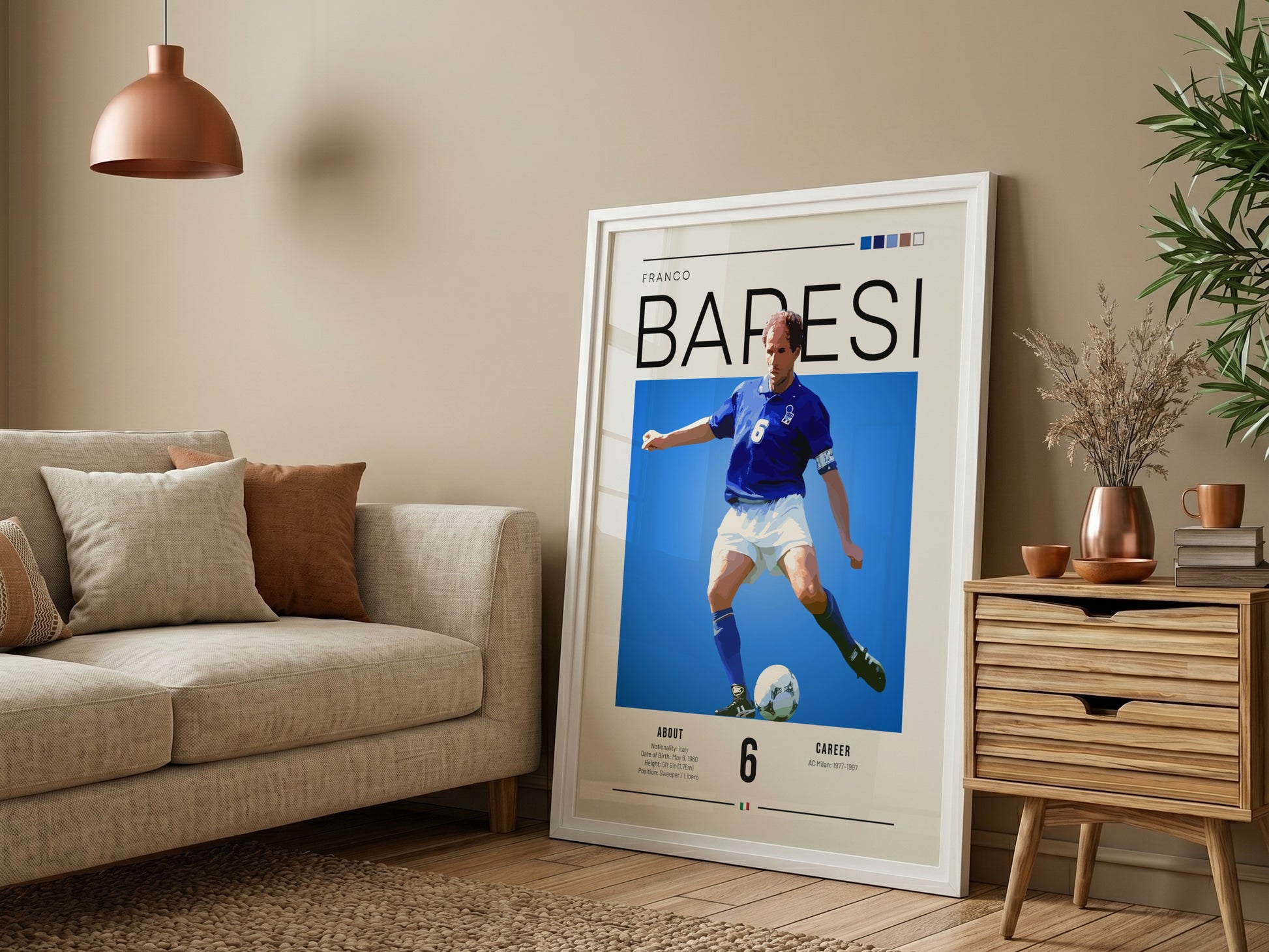 Franco Baresi poster showcasing vibrant colors and dynamic football action, celebrating an Italian football