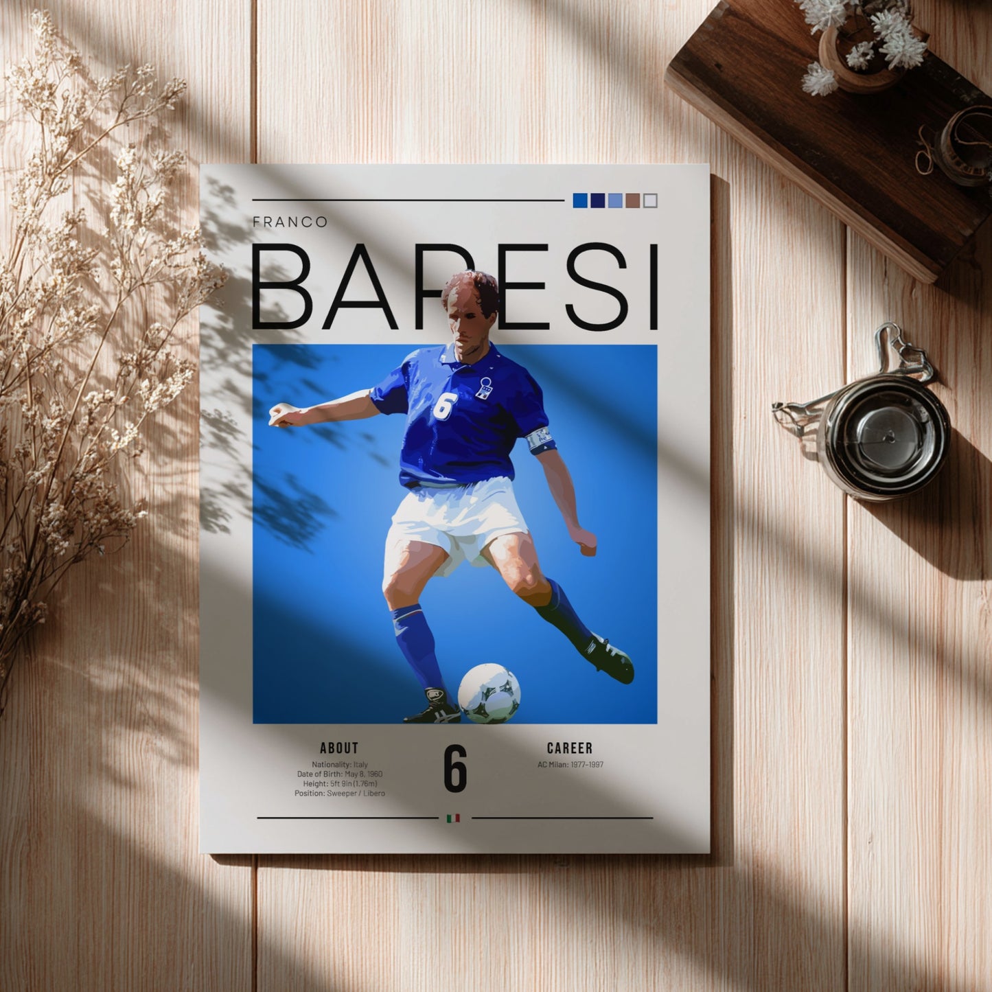 Franco Baresi poster showcasing vibrant colors and dynamic football action, celebrating an Italian football