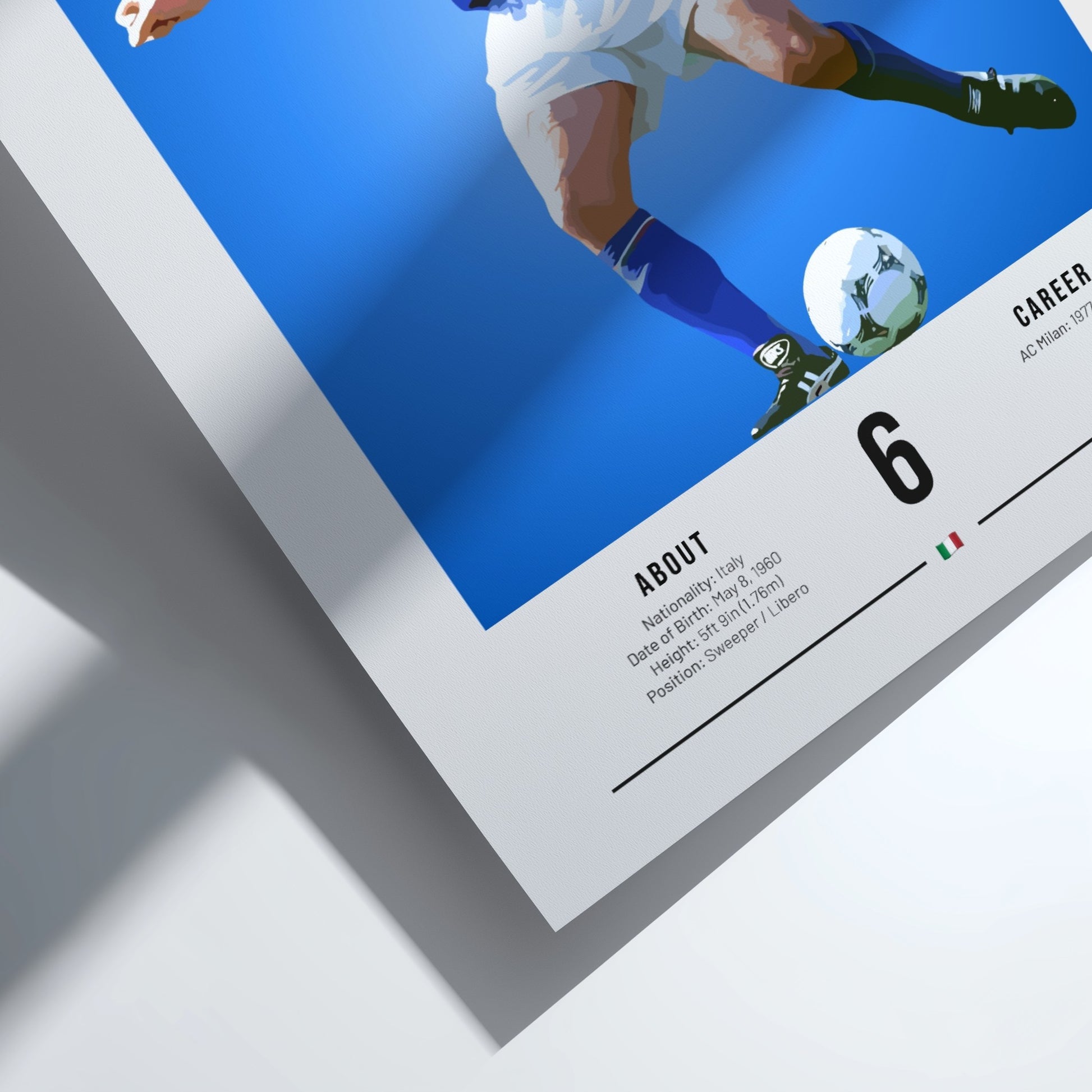 Franco Baresi poster showcasing vibrant colors and dynamic football action, celebrating an Italian football