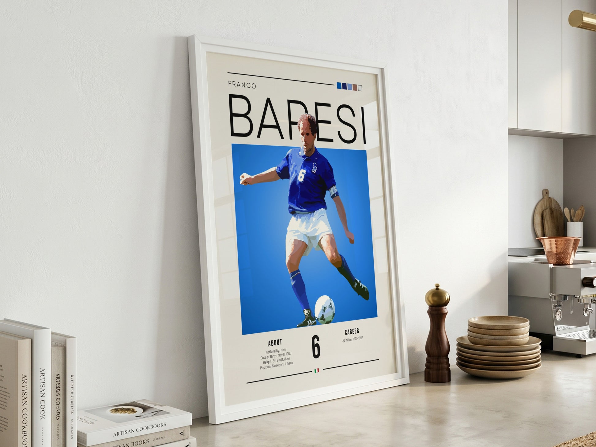 Franco Baresi poster showcasing vibrant colors and dynamic football action, celebrating an Italian football
