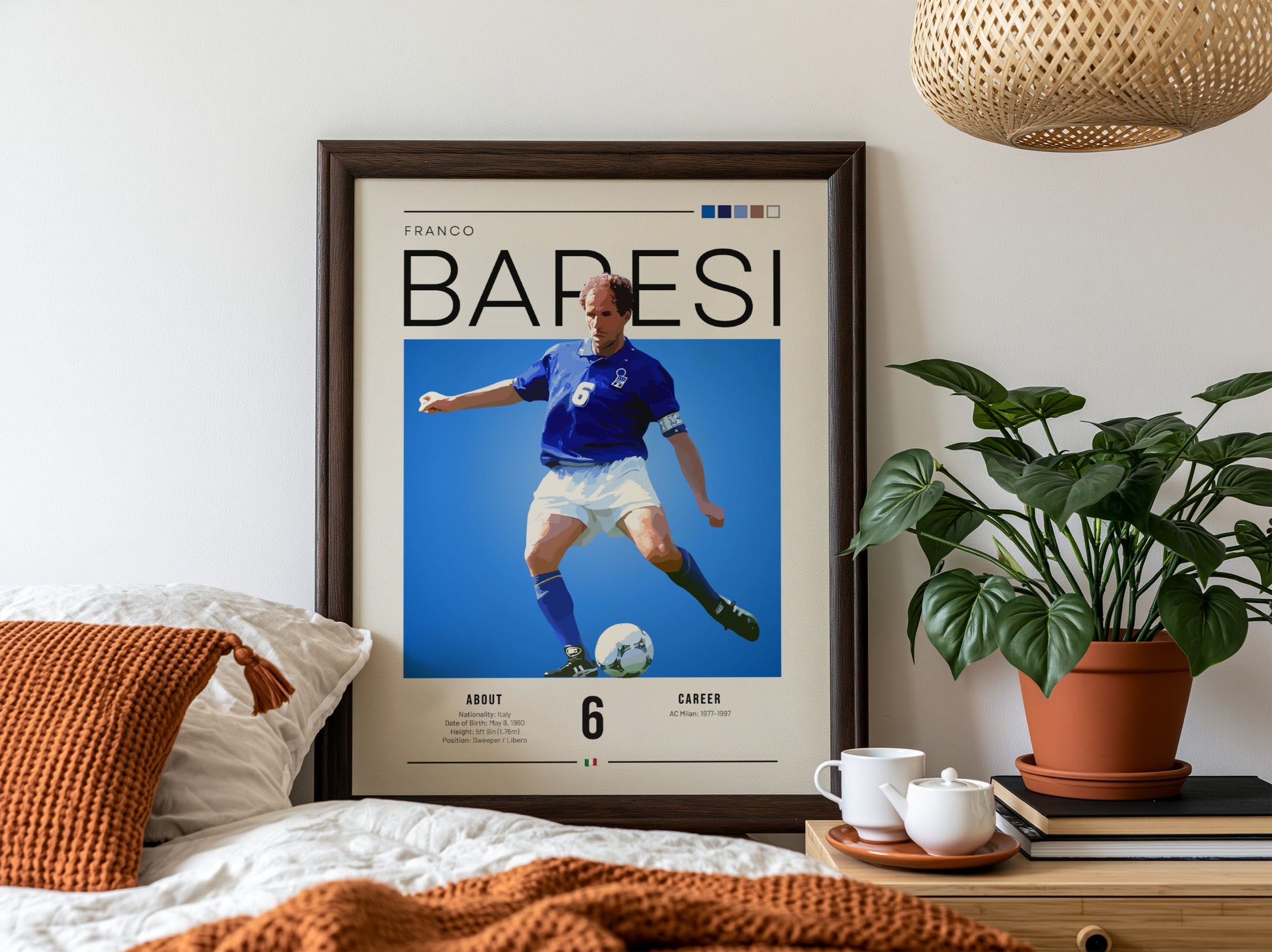 Franco Baresi poster showcasing vibrant colors and dynamic football action, celebrating an Italian football