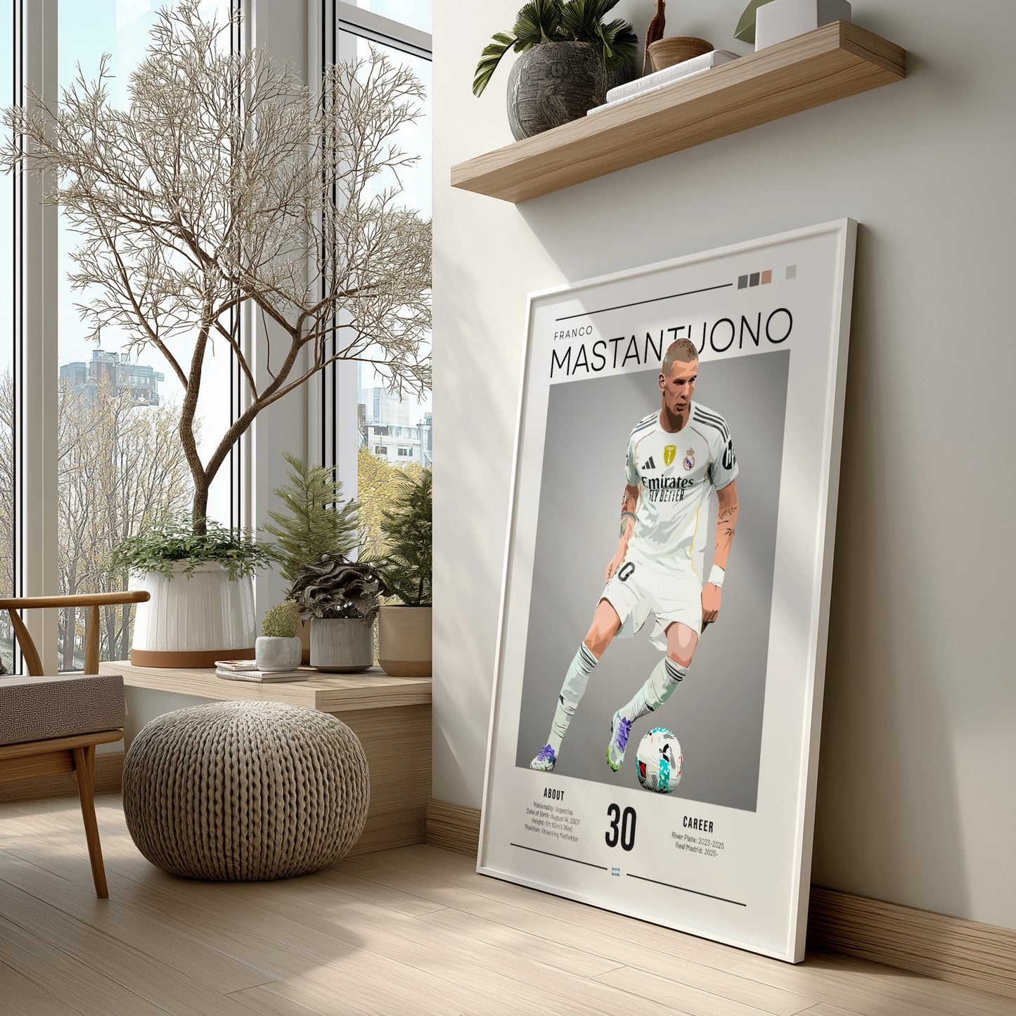 Franco Mastantuono poster featuring Real Madrid football shirt, vibrant colors, dynamic design, sports wall