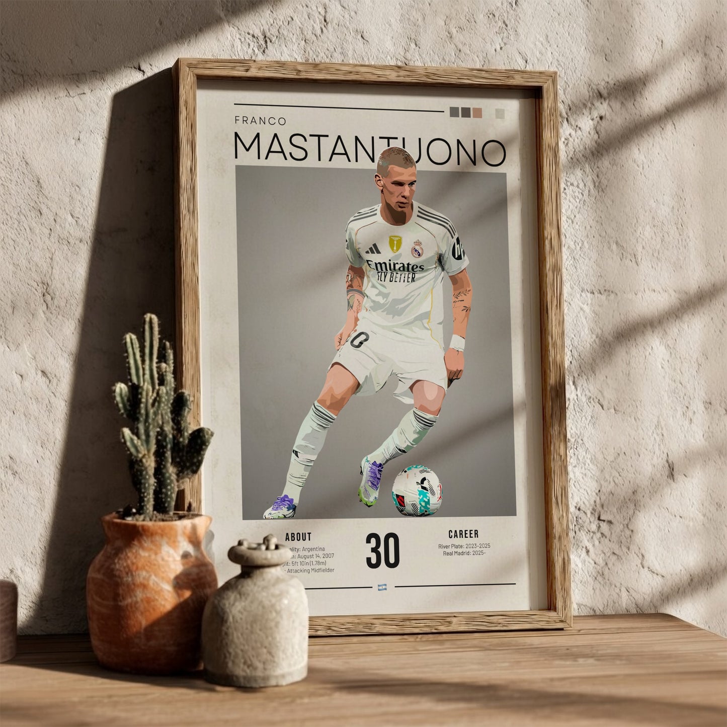 Franco Mastantuono poster featuring Real Madrid football shirt, vibrant colors, dynamic design, sports wall