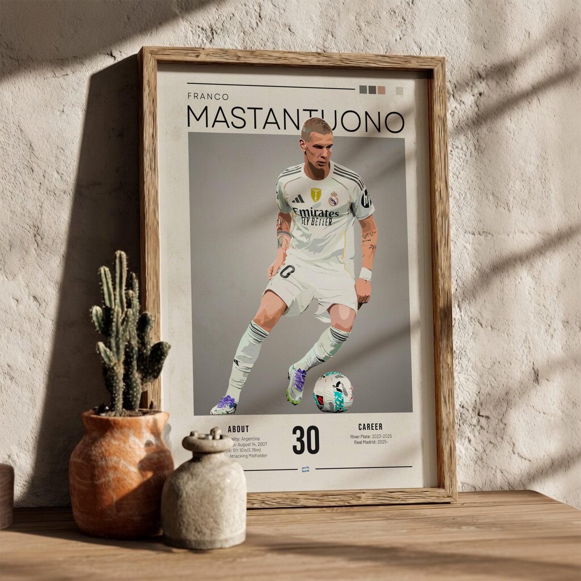 Franco Mastantuono poster featuring Real Madrid football shirt, vibrant colors, dynamic design, sports wall
