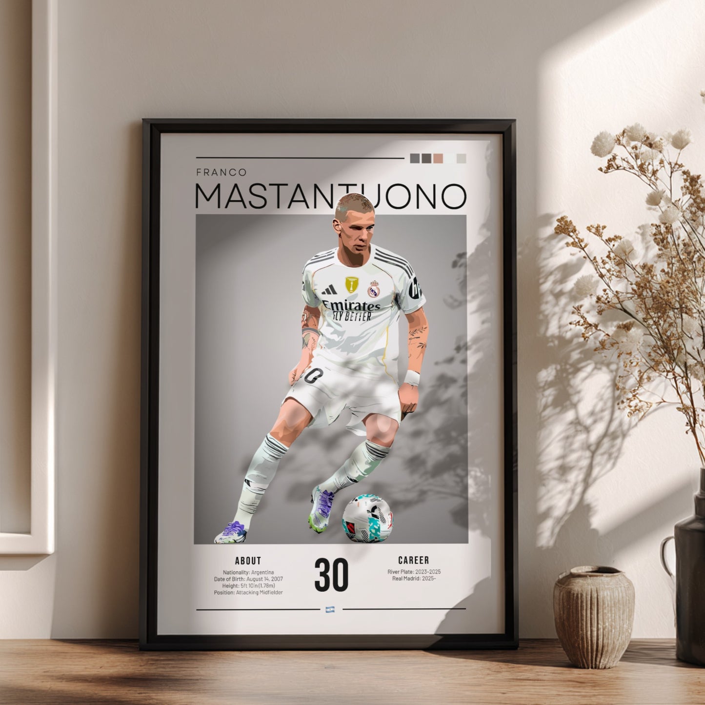 Franco Mastantuono poster featuring Real Madrid football shirt, vibrant colors, dynamic design, sports wall
