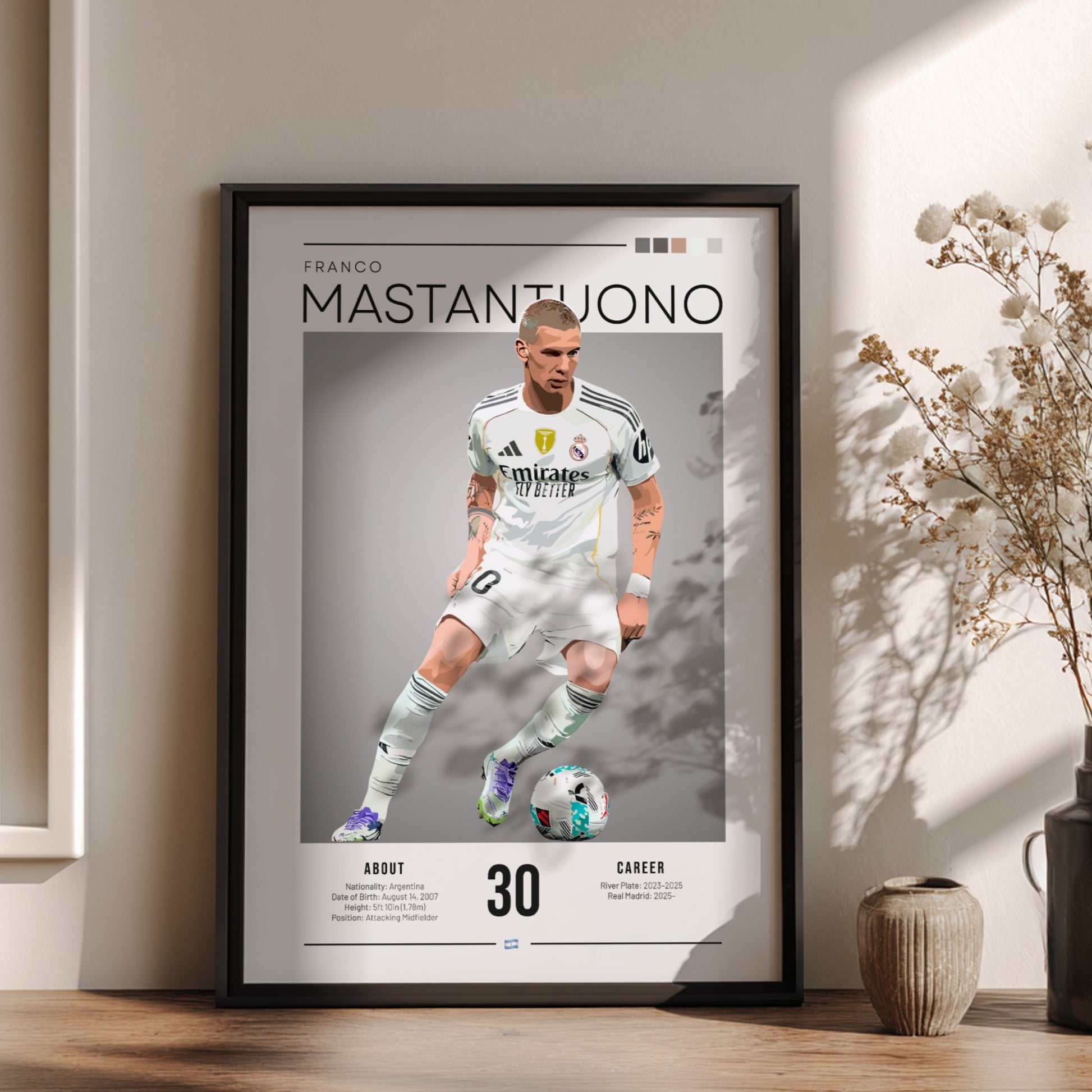 Franco Mastantuono poster featuring Real Madrid football shirt, vibrant colors, dynamic design, sports wall