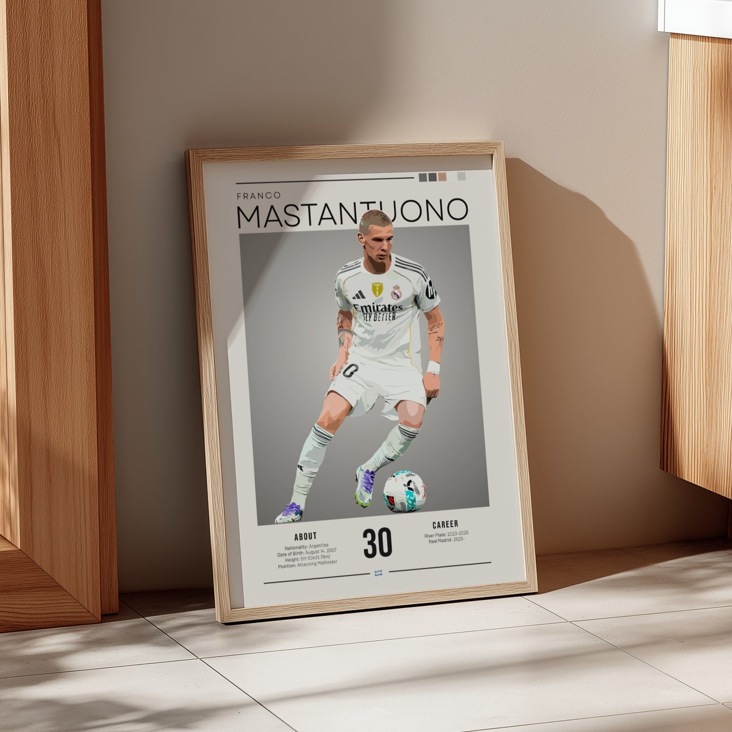 Franco Mastantuono poster featuring Real Madrid football shirt, vibrant colors, dynamic design, sports wall