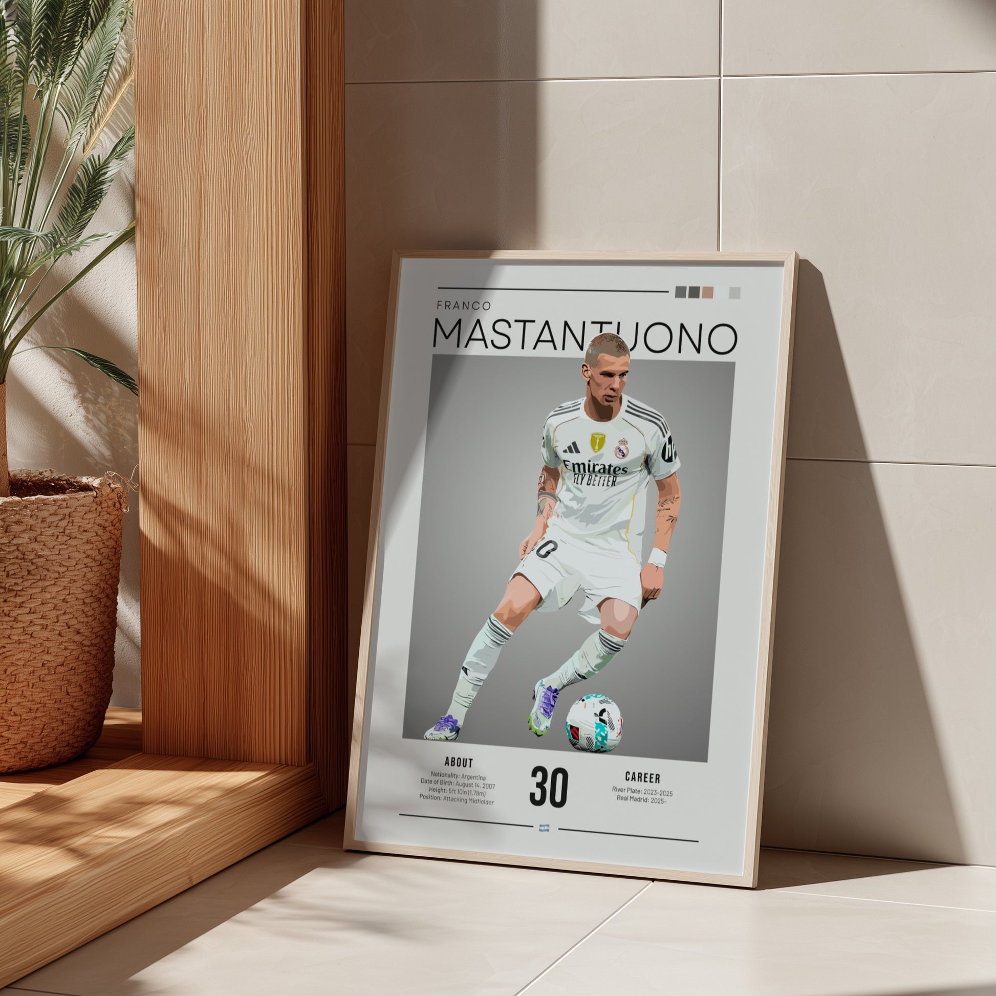 Franco Mastantuono poster featuring Real Madrid football shirt, vibrant colors, dynamic design, sports wall