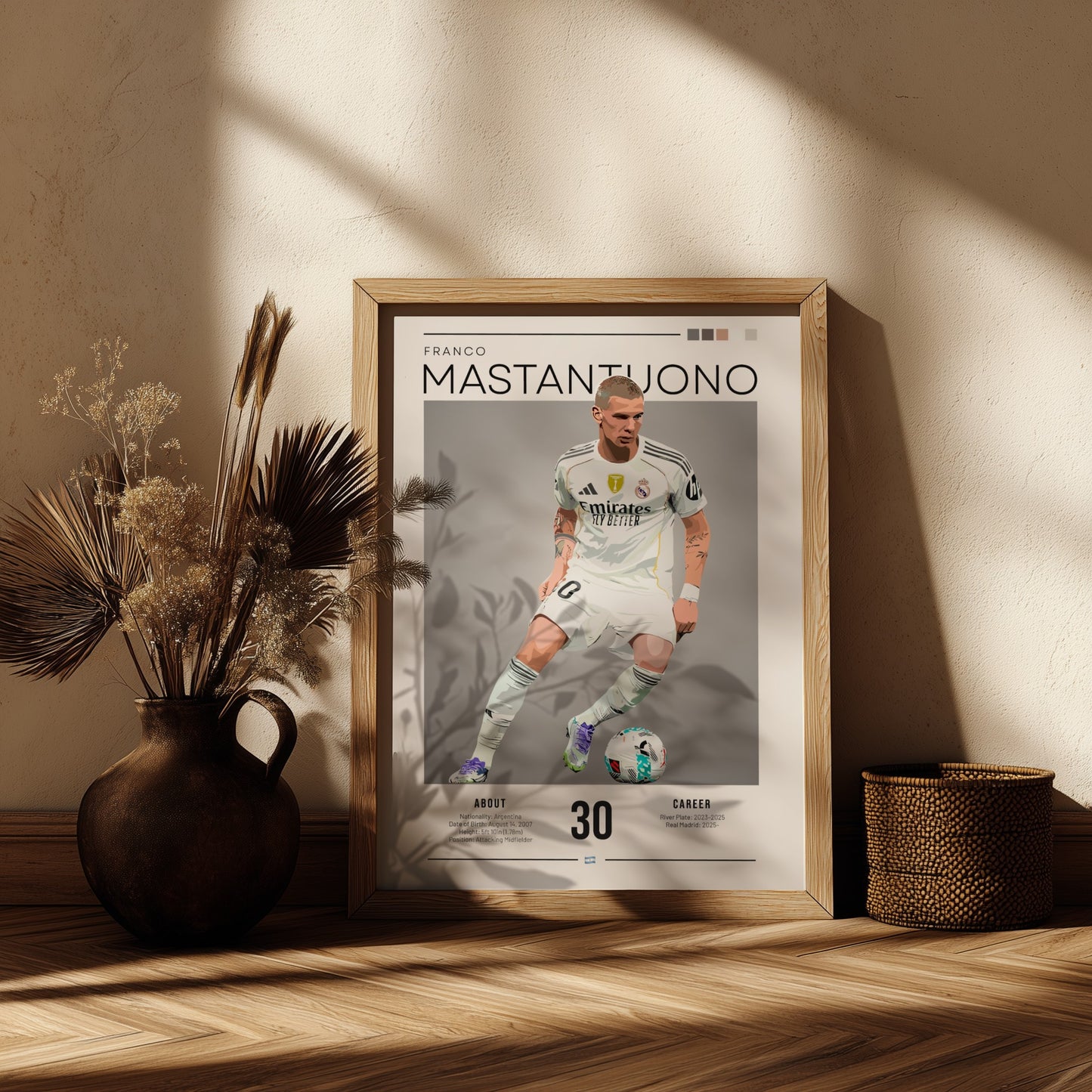 Franco Mastantuono poster featuring Real Madrid football shirt, vibrant colors, dynamic design, sports wall