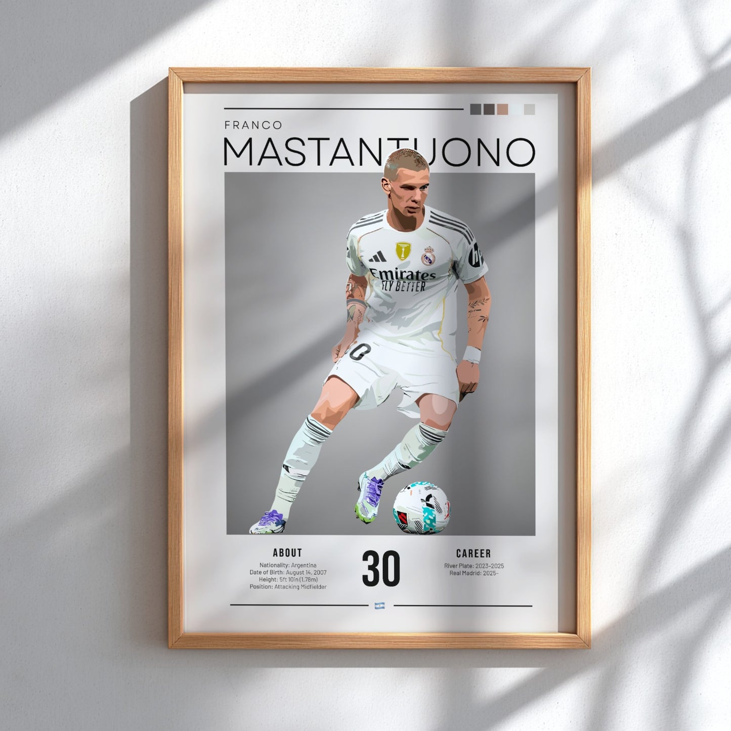 Franco Mastantuono poster featuring Real Madrid football shirt, vibrant colors, dynamic design, sports wall