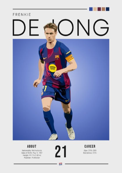 Frenkie De Jong art print featuring vibrant colors and modern illustration style, perfect for football fans.