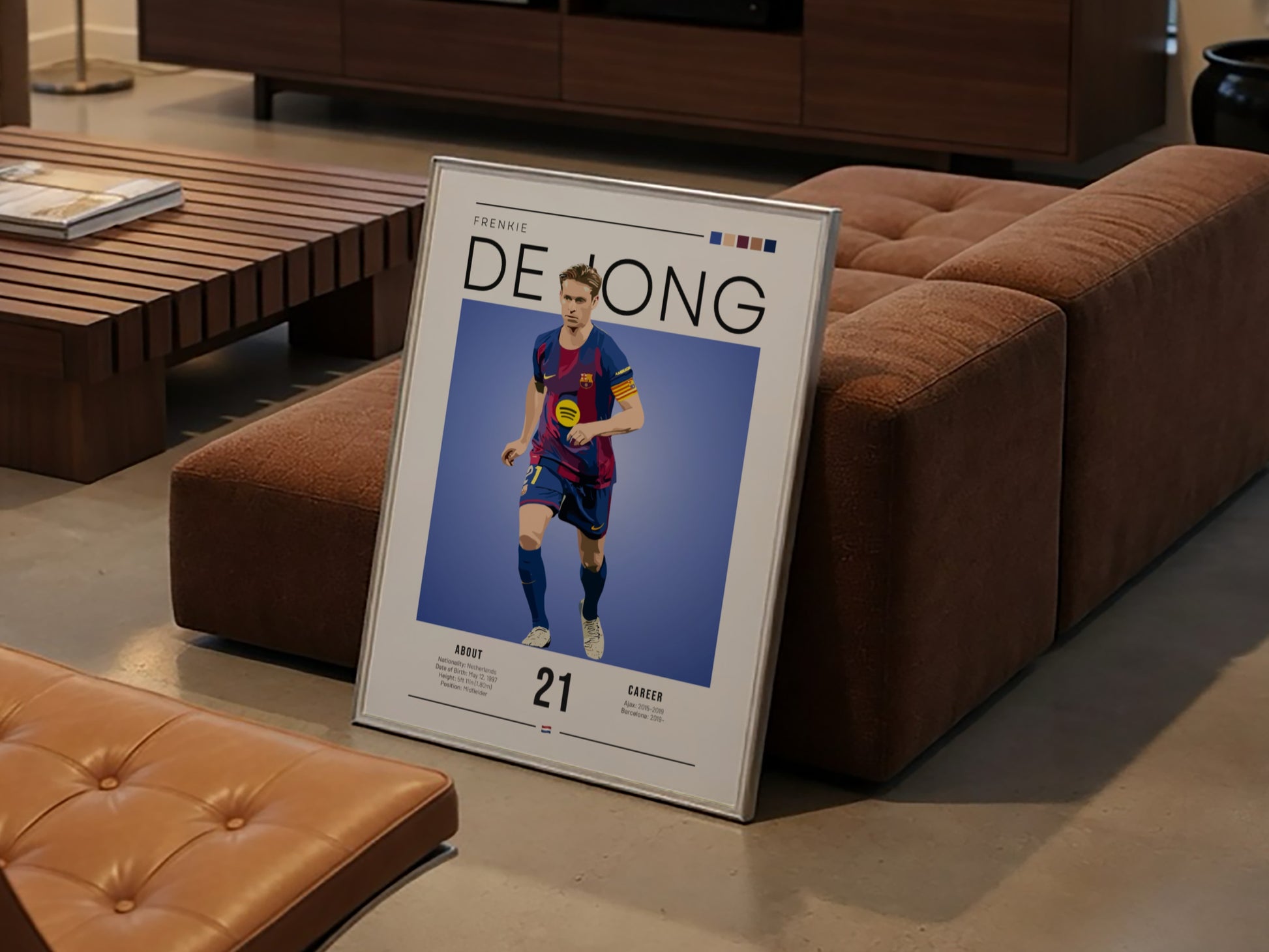 Frenkie De Jong art print featuring vibrant colors and modern illustration style, perfect for football fans.