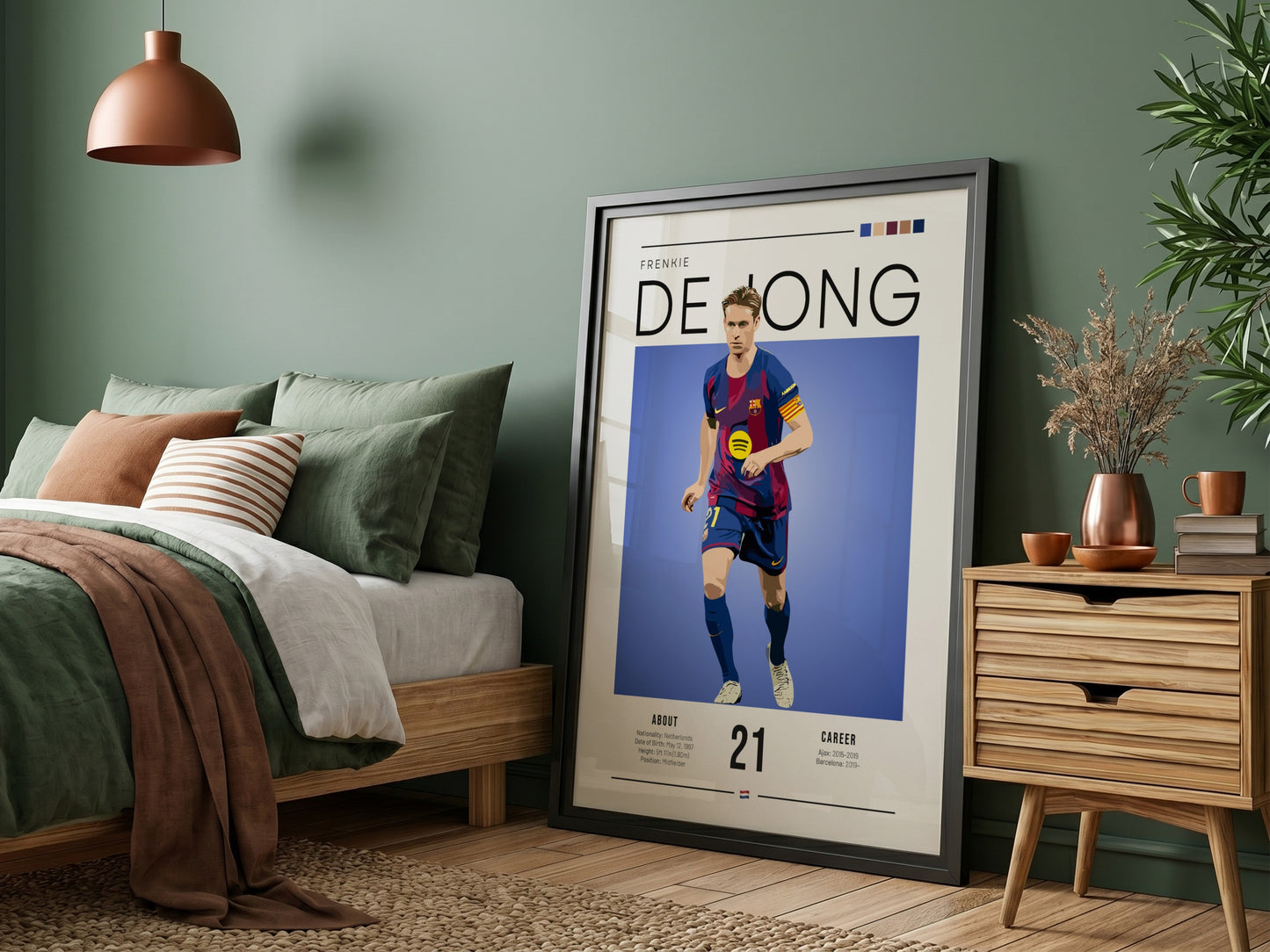 Frenkie De Jong art print featuring vibrant colors and modern illustration style, perfect for football fans.