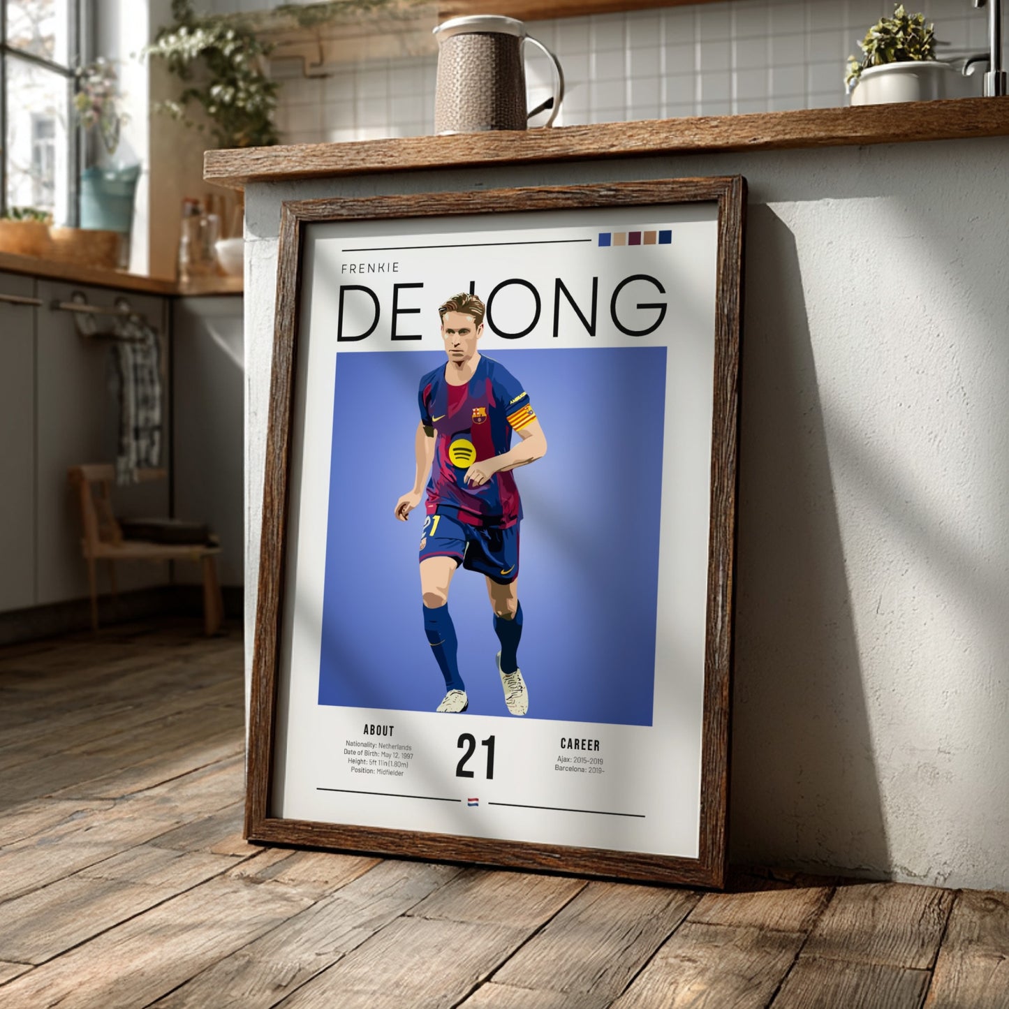 Frenkie De Jong art print featuring vibrant colors and modern illustration style, perfect for football fans.