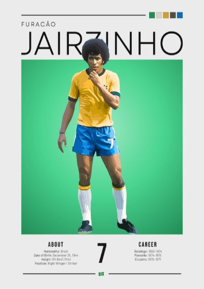 Jairzinho football art print featuring vibrant colors and dynamic pose, perfect for sports decor.