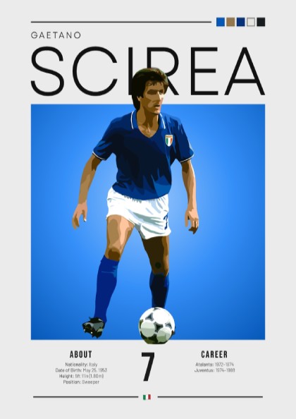 Gaetano Scirea poster featuring blue colors and minimalist design, celebrating an Italian football legend.
