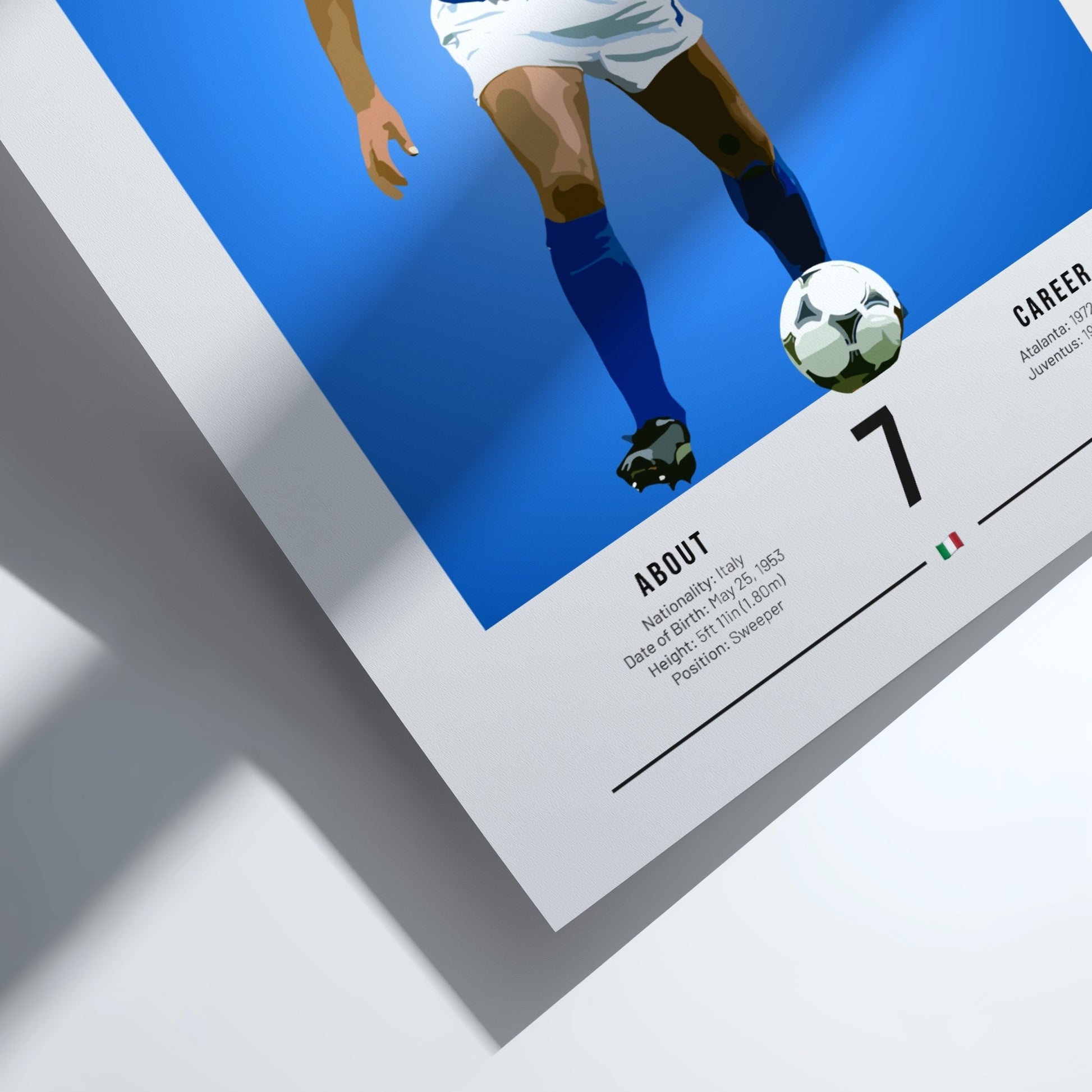 Gaetano Scirea poster featuring blue colors and minimalist design, celebrating an Italian football legend.