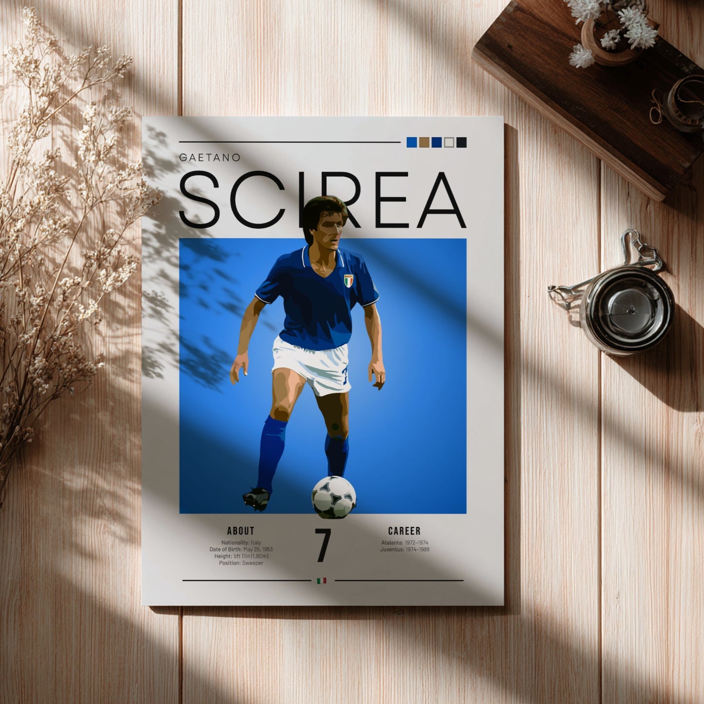 Gaetano Scirea poster featuring blue colors and minimalist design, celebrating an Italian football legend.