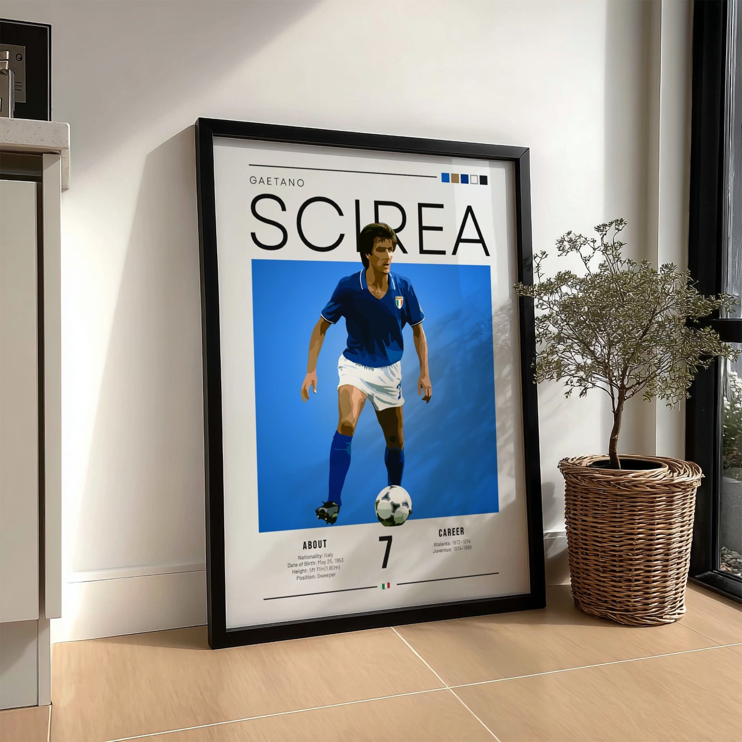 Gaetano Scirea poster featuring blue colors and minimalist design, celebrating an Italian football legend.