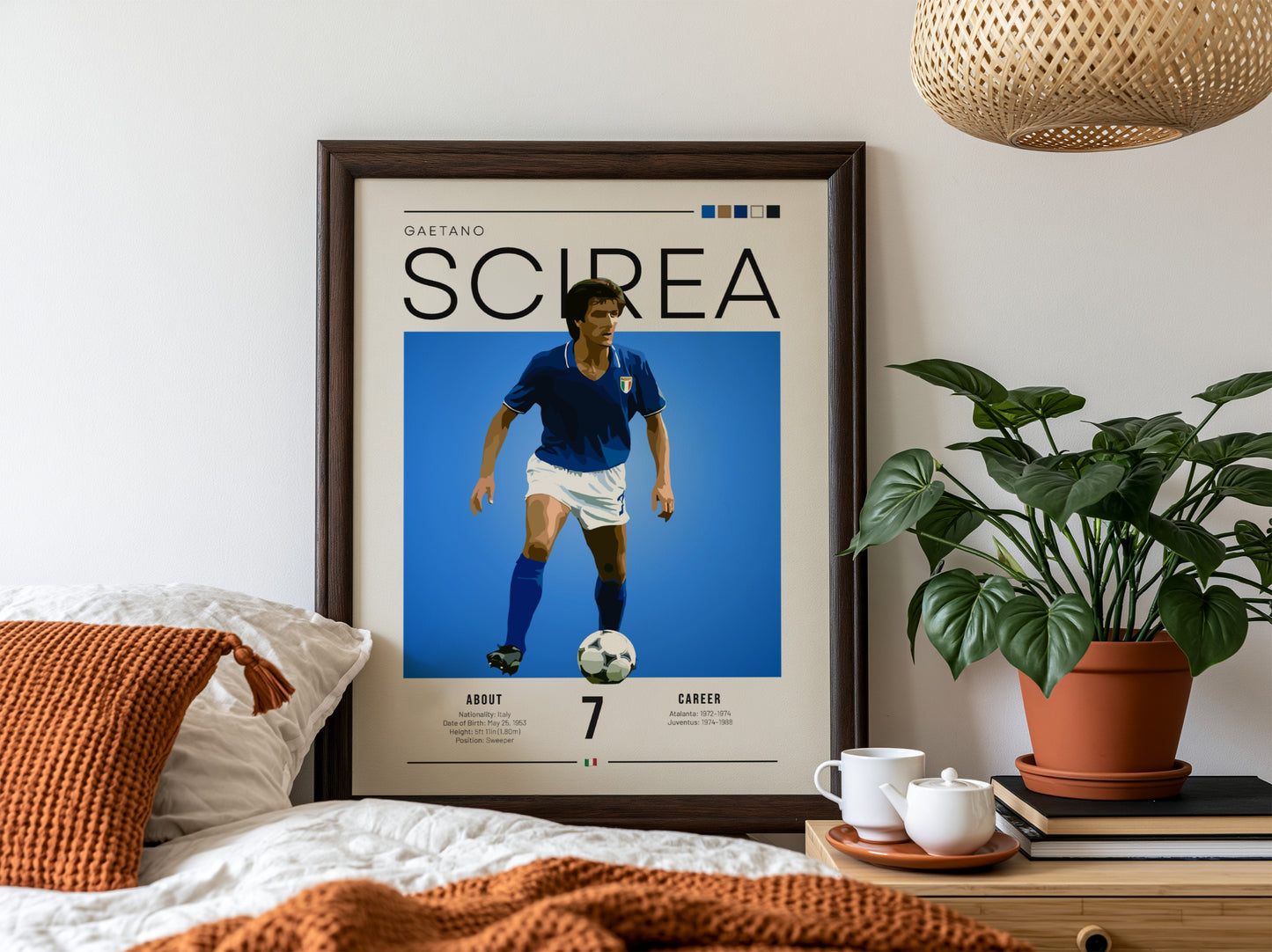 Gaetano Scirea poster featuring blue colors and minimalist design, celebrating an Italian football legend.